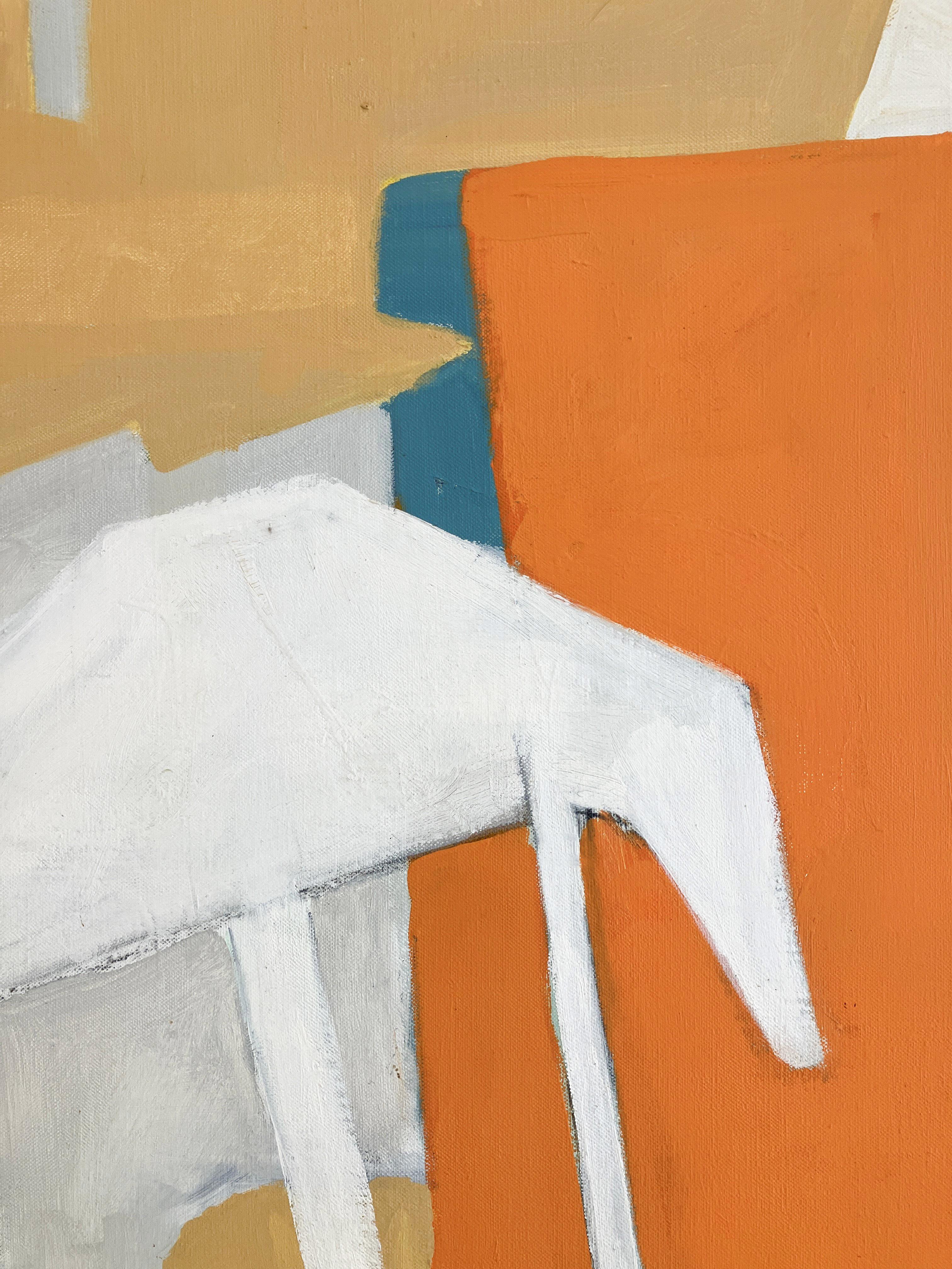 Studio Corner (Pittura ad olio astratta geometrica in giallo, bianco, arancione e blu) di Lionel Gilbert, pittore della Scuola di New York e artista WPA
Quadro di natura morta astratta della metà del secolo scorso, 1960 ca.
olio su tela, 50 x 60