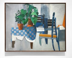 Tablescape (Mid-Century Abstract, Cubist Still Life Painting in Grey & Blue)