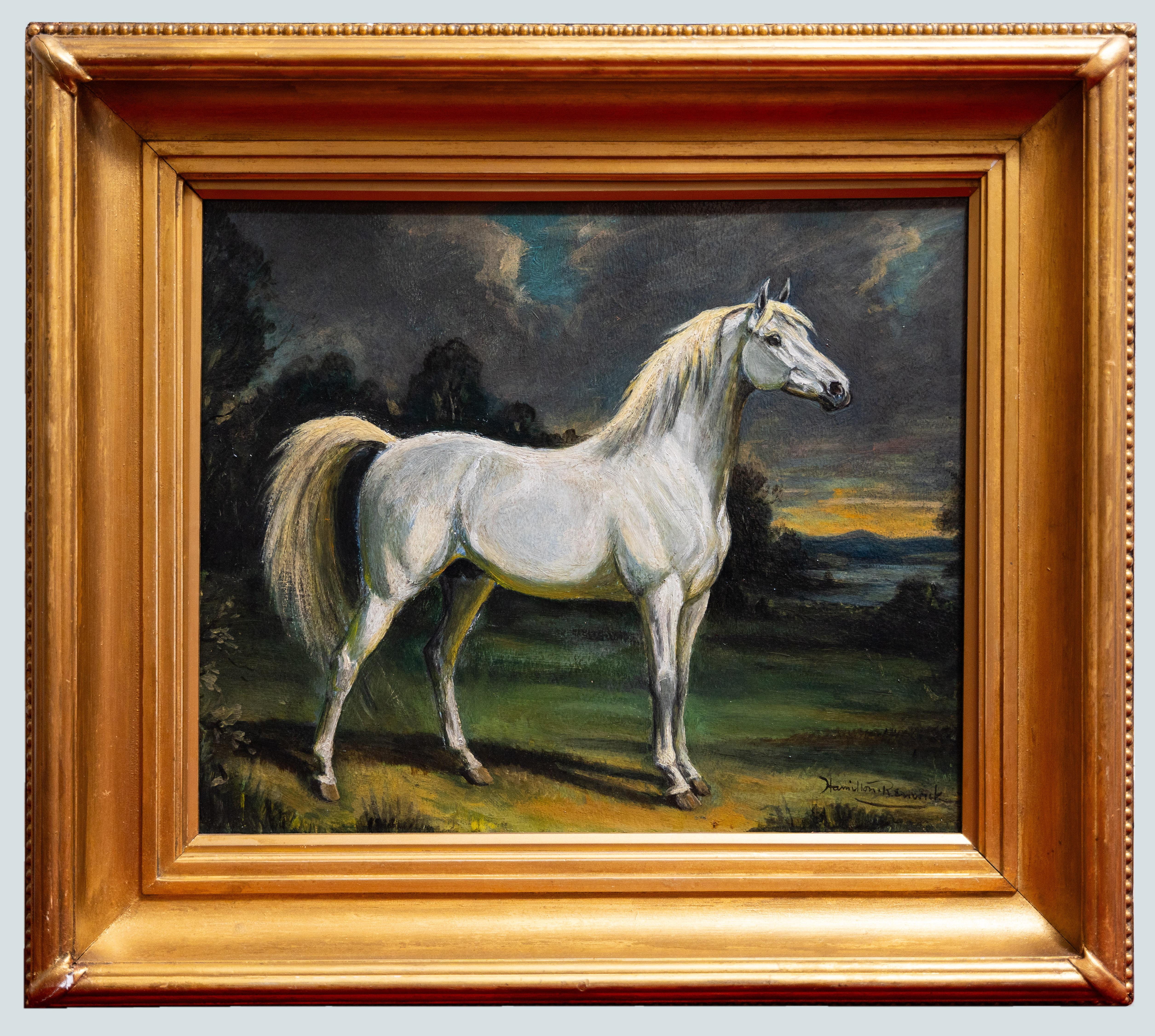 Lionel Hamilton Renwick’s "Arab Stallion in a Landscape" captures the striking beauty and elegance of an Arabian horse set against a sweeping, natural backdrop. Known for his equine art, Renwick has a remarkable ability to depict horses with immense