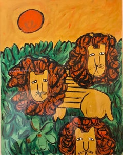 Pittura a olio originale LIONS in stile illustrazione modernista Mod Naive Graphic