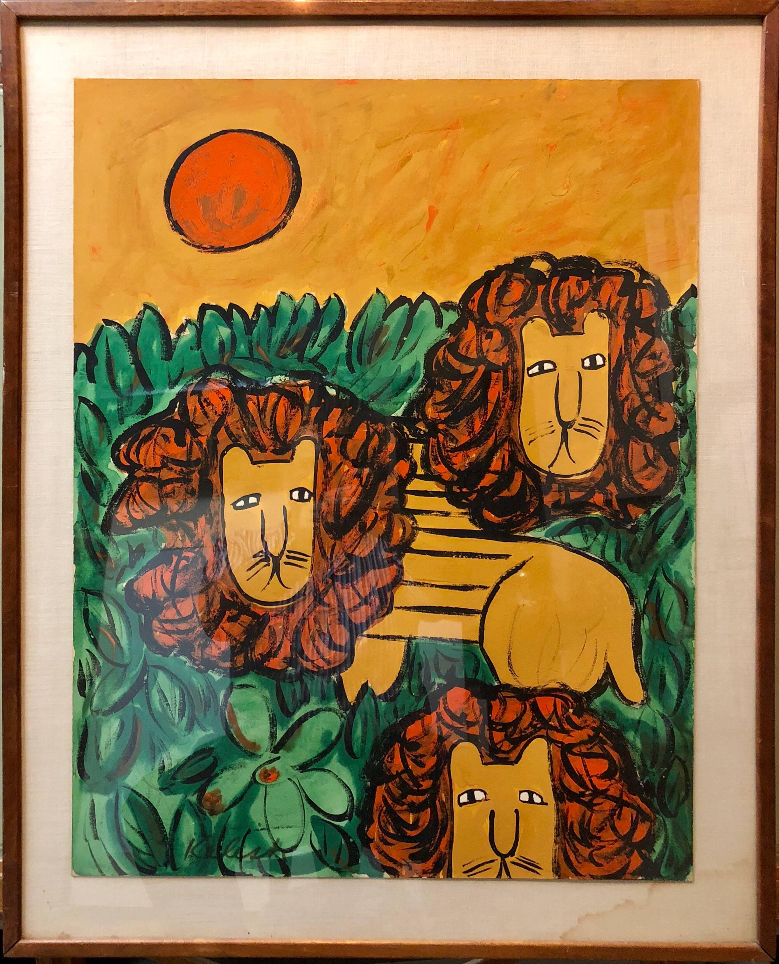 Original Oil Painting LIONS in a Modernist Illustration Mod Naive Graphic Style - Black Animal Painting by Lionel Kalish