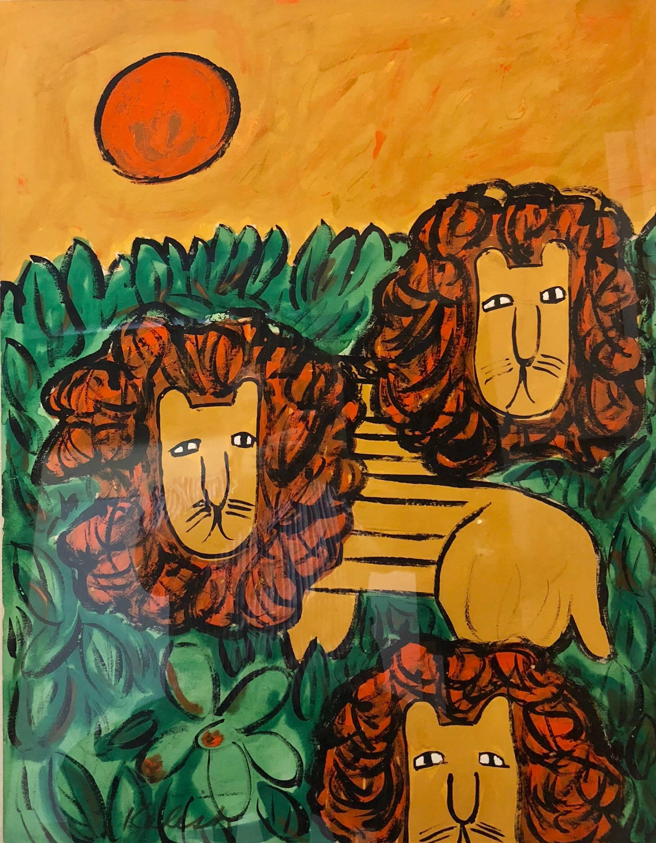 Lionel Kalish Animal Painting - Original Oil Painting LIONS in a Modernist Illustration Mod Naive Graphic Style