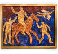 Pittura ad olio surrealista Scena di cavalli del circo Lionel Kalish Scena di fantasia New York