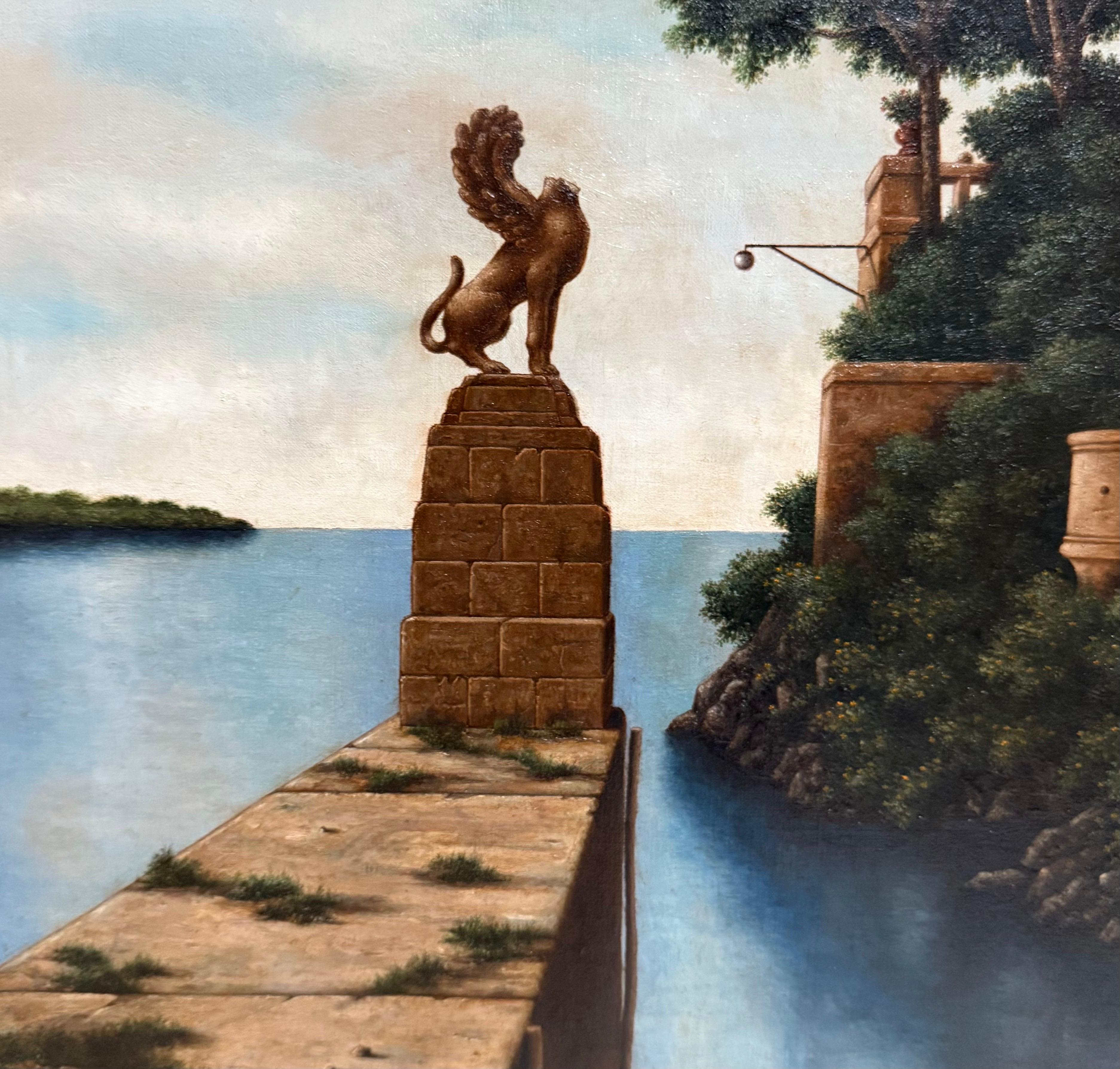Peinture à l'huile surréaliste - Réalisme magique - Lionel Kalish - Maison italienne - Scène fantastique en vente 9