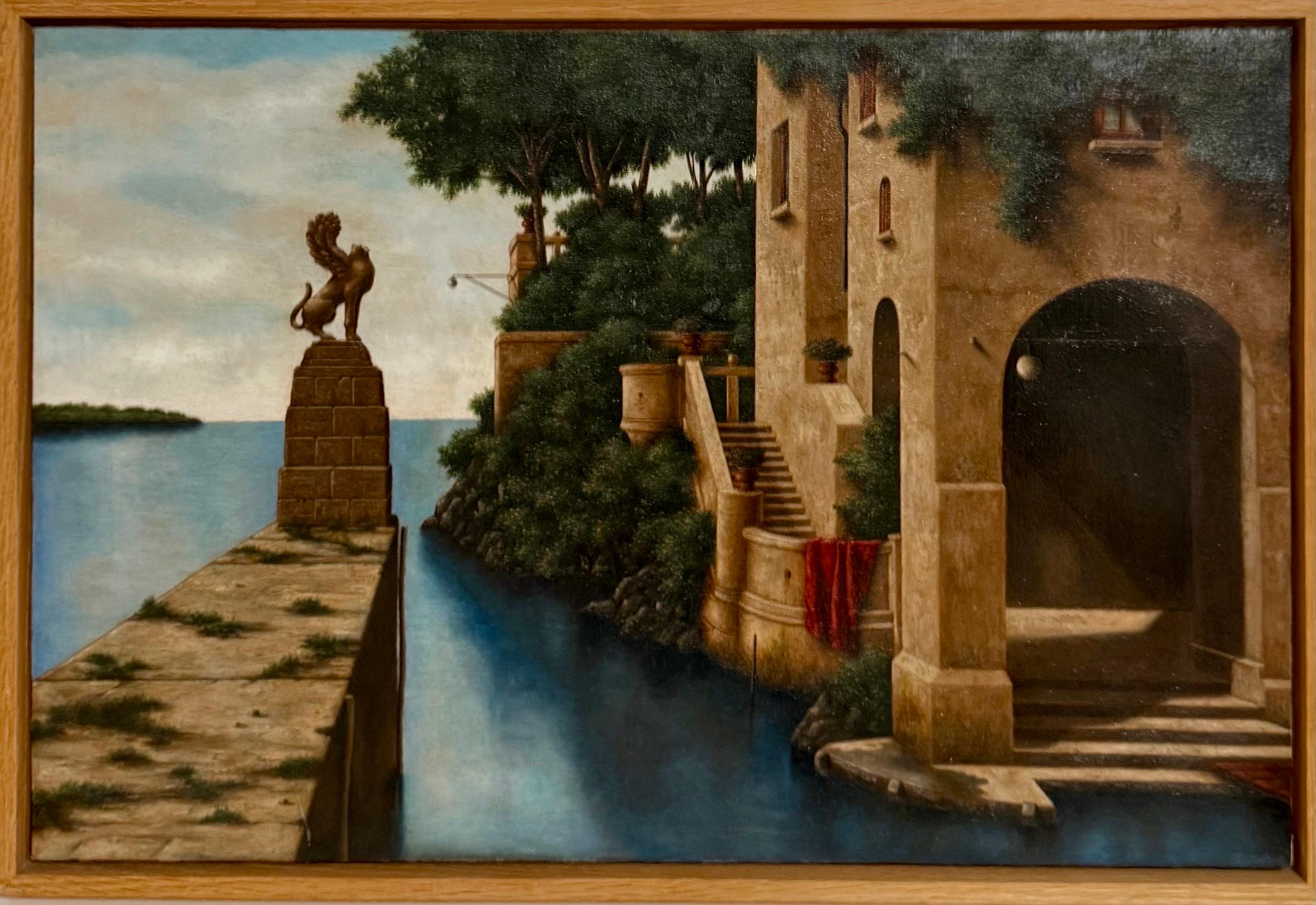 Peinture à l'huile surréaliste - Réalisme magique - Lionel Kalish - Maison italienne - Scène fantastique en vente 1