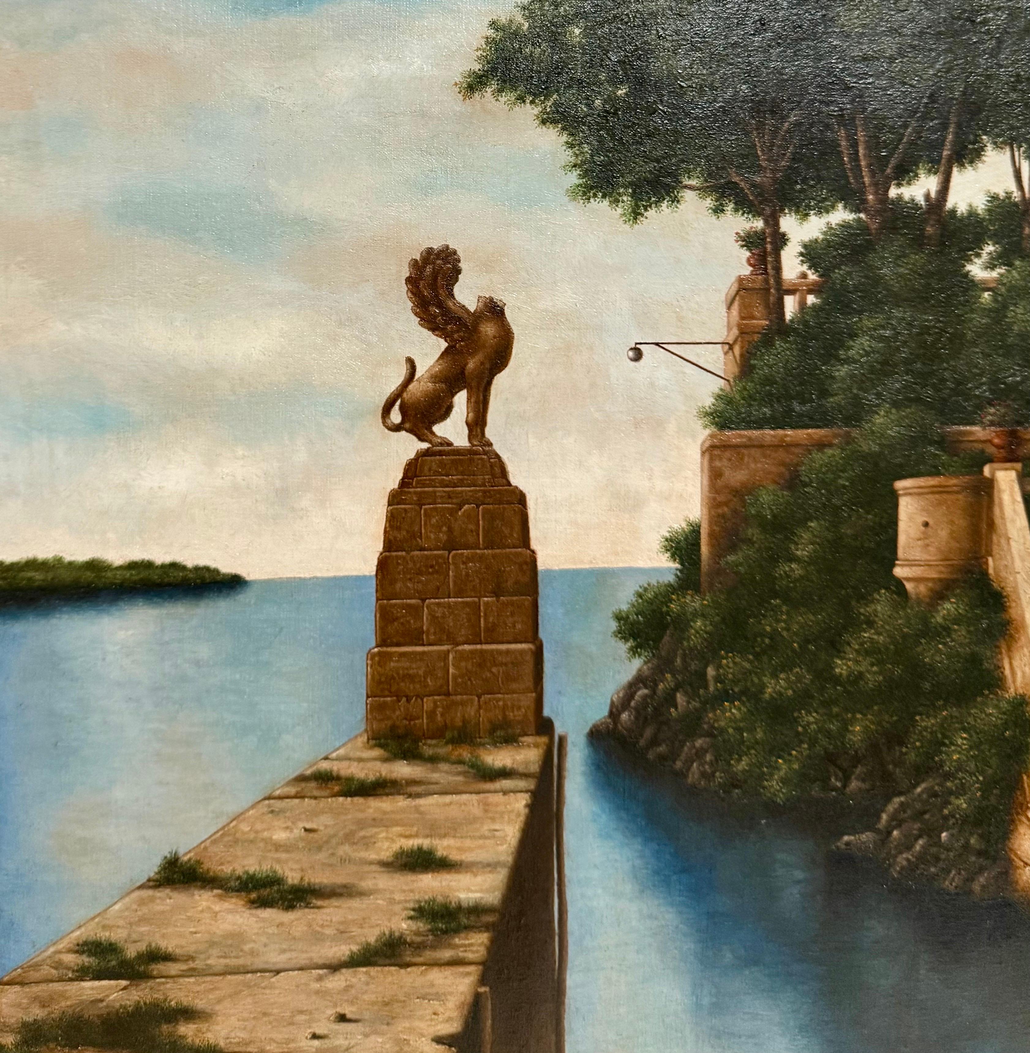 Peinture à l'huile surréaliste - Réalisme magique - Lionel Kalish - Maison italienne - Scène fantastique en vente 3