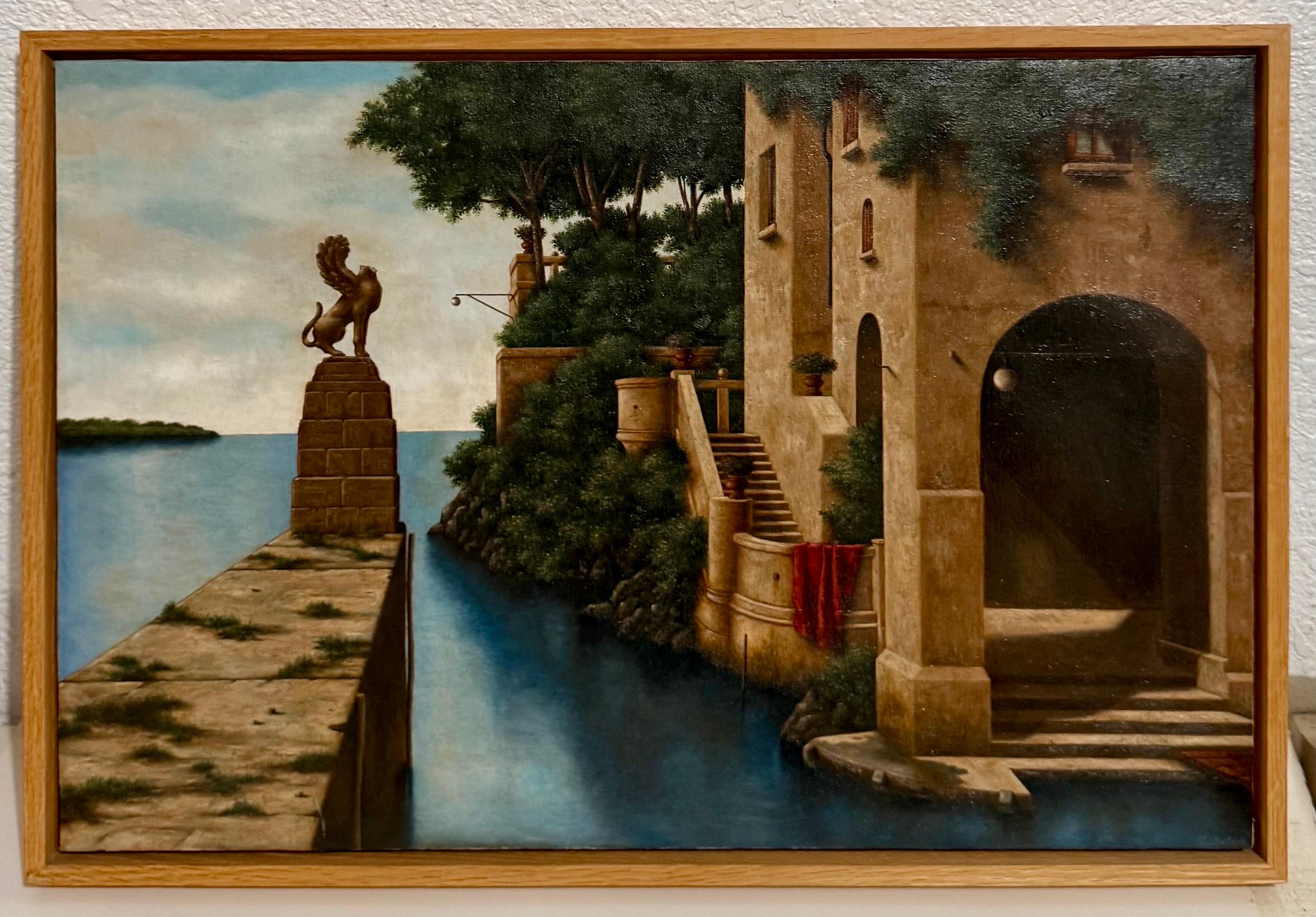 Peinture à l'huile surréaliste - Réalisme magique - Lionel Kalish - Maison italienne - Scène fantastique en vente 4