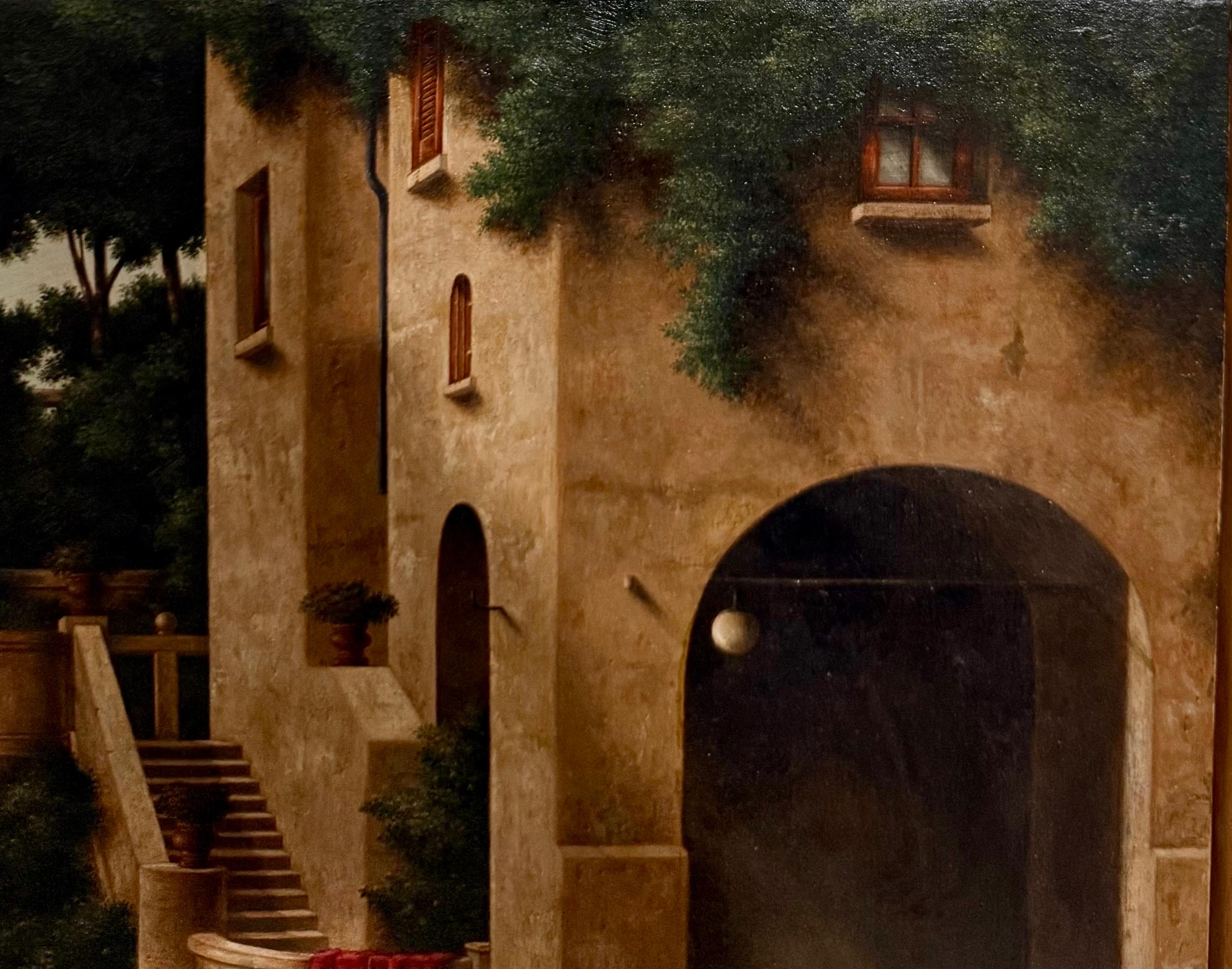 Peinture à l'huile surréaliste - Réalisme magique - Lionel Kalish - Maison italienne - Scène fantastique en vente 5