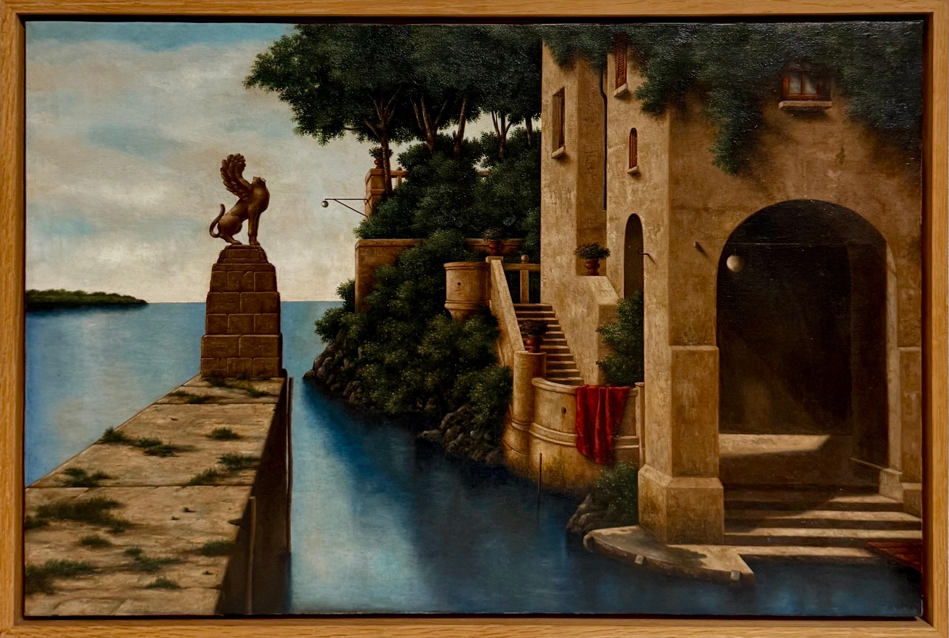 Peinture à l'huile surréaliste - Réalisme magique - Lionel Kalish - Maison italienne - Scène fantastique en vente 6