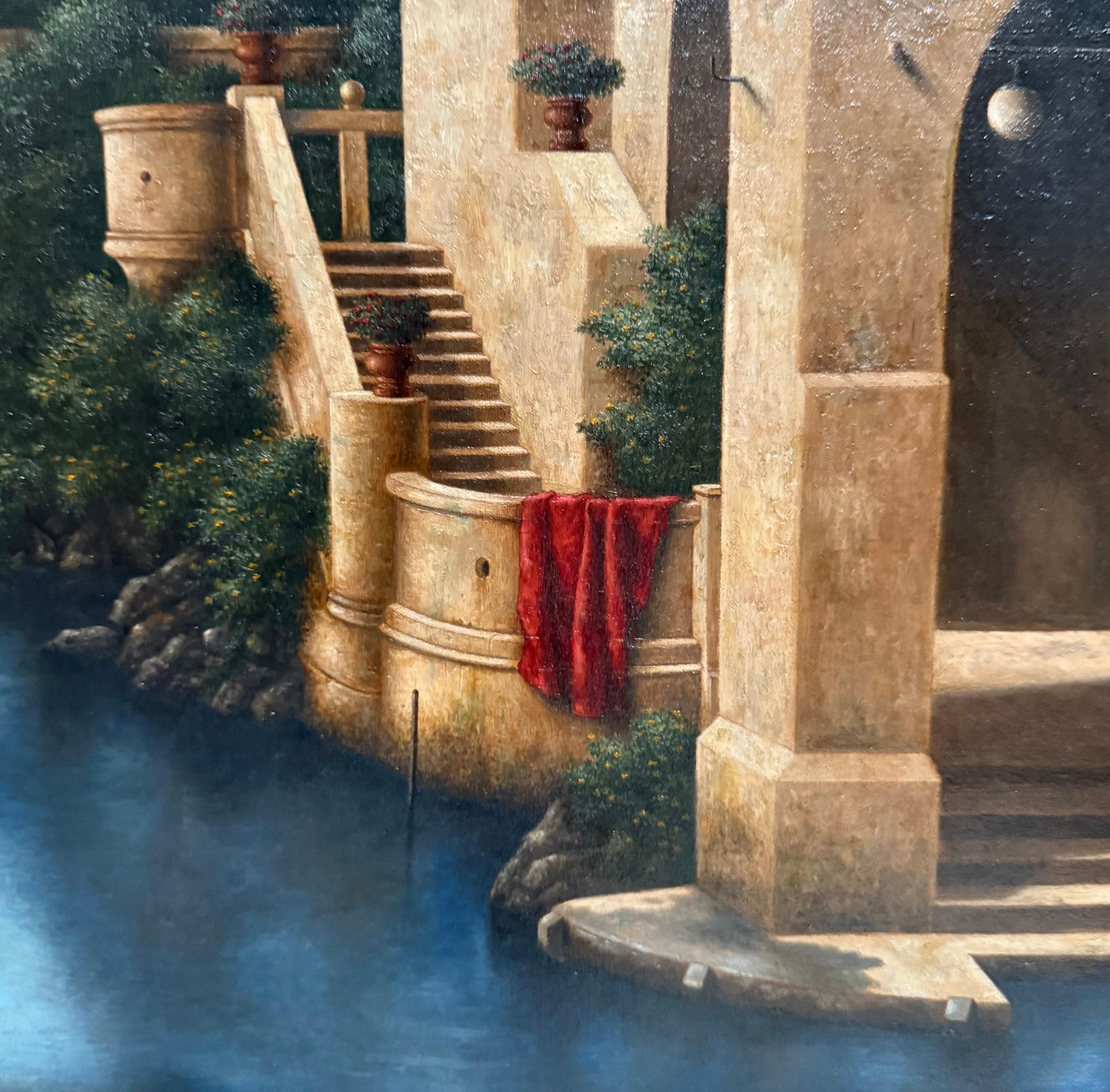 Peinture à l'huile surréaliste - Réalisme magique - Lionel Kalish - Maison italienne - Scène fantastique en vente 7
