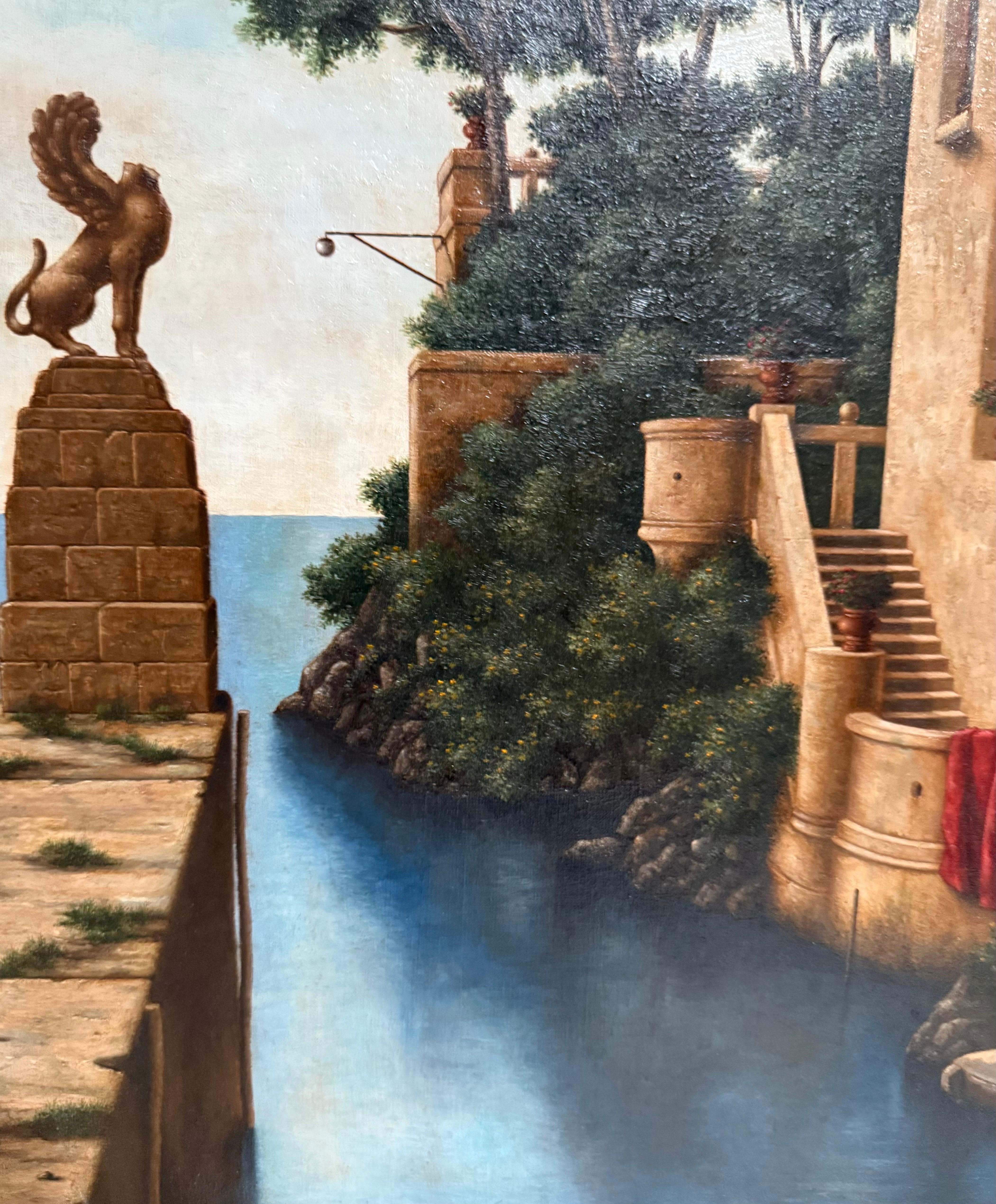 Peinture à l'huile surréaliste - Réalisme magique - Lionel Kalish - Maison italienne - Scène fantastique en vente 8