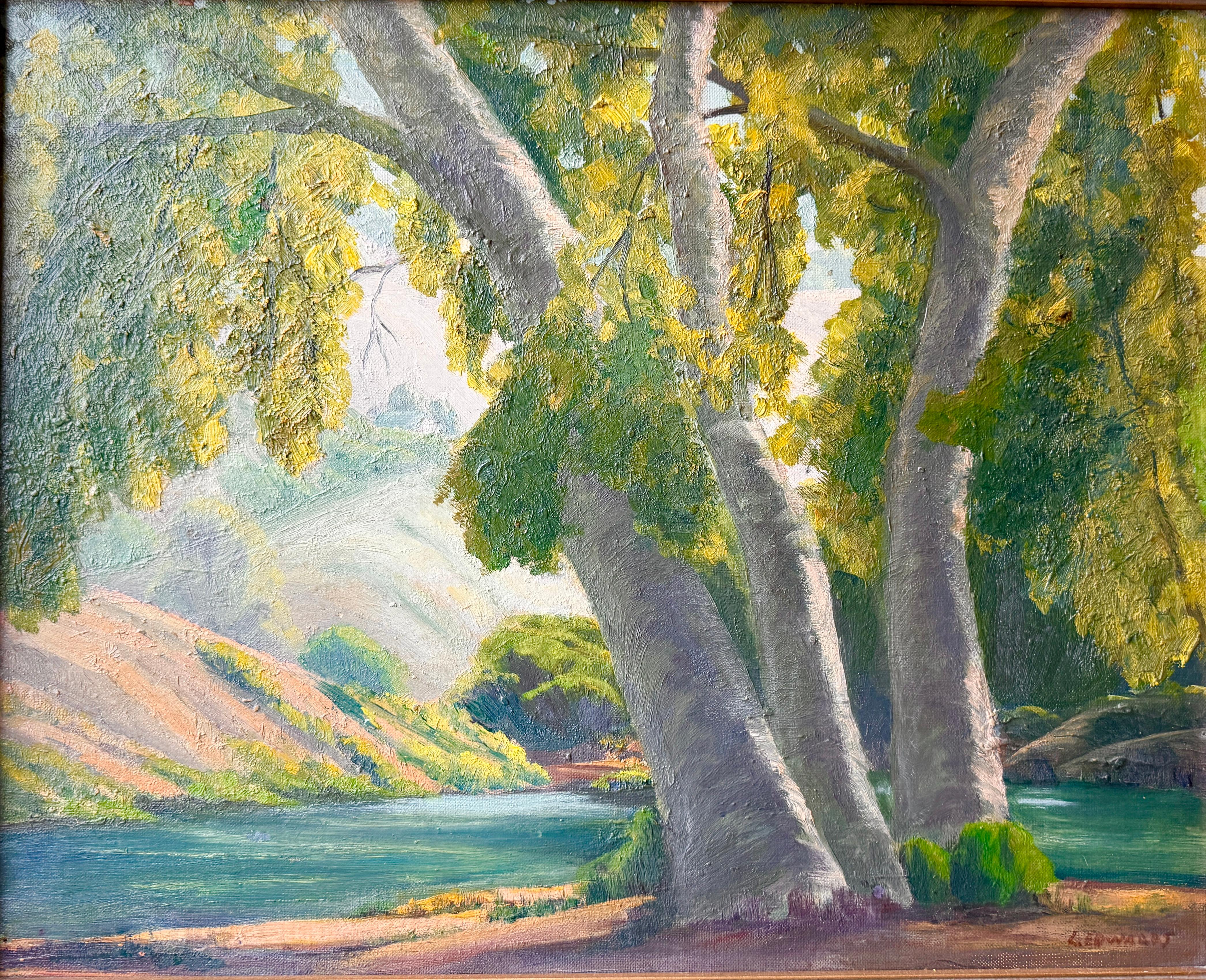 San Gabriel Foothills and Lake original Plein Air Oil Painting By Lionel Edwards - Brown Landscape Painting by Lionel Louis Edwards