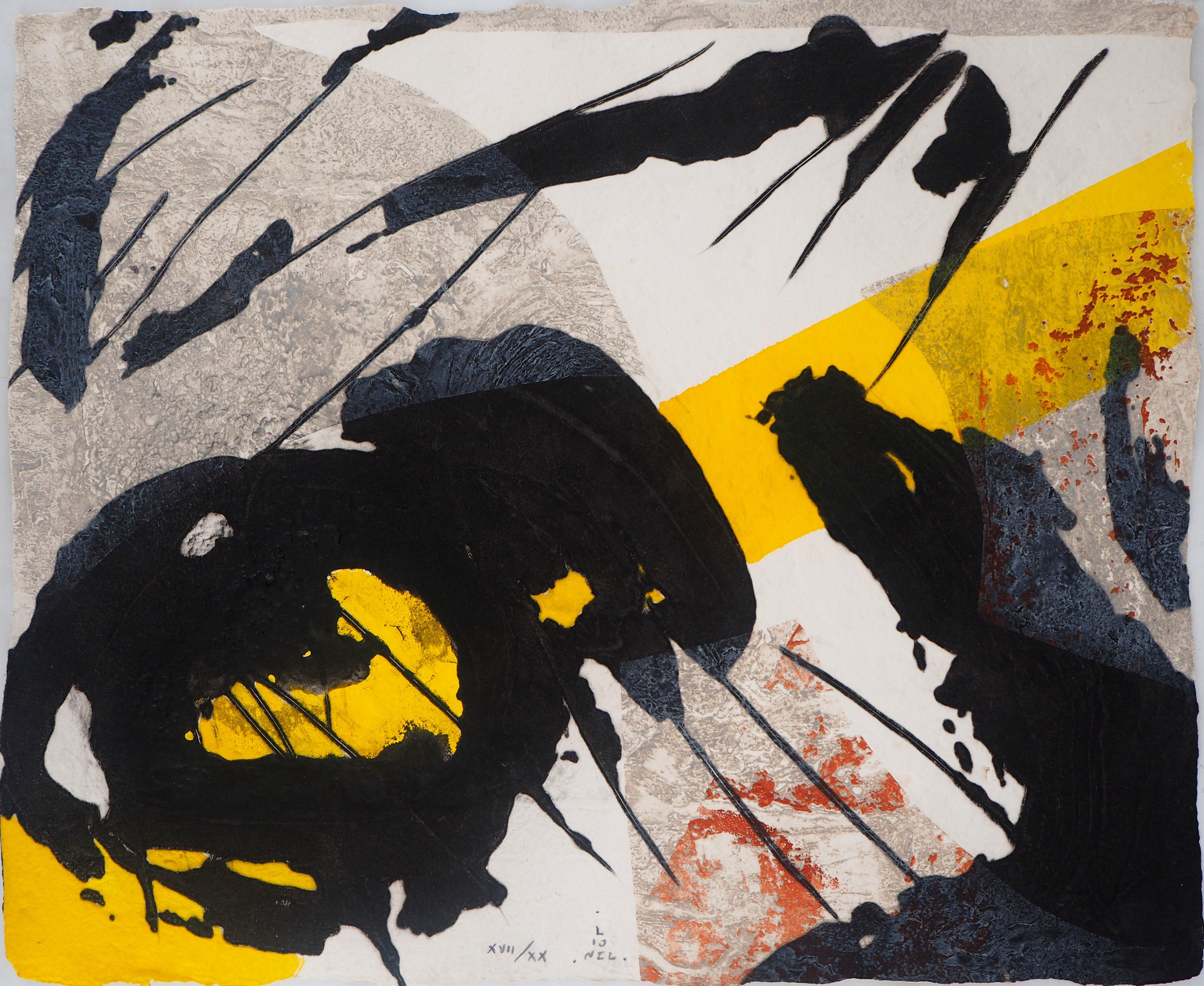 Abstrakte abstrakte Komposition mit gelb und schwarz - Original-Radierung, handsigniert (Schwarz), Abstract Print, von Lionel