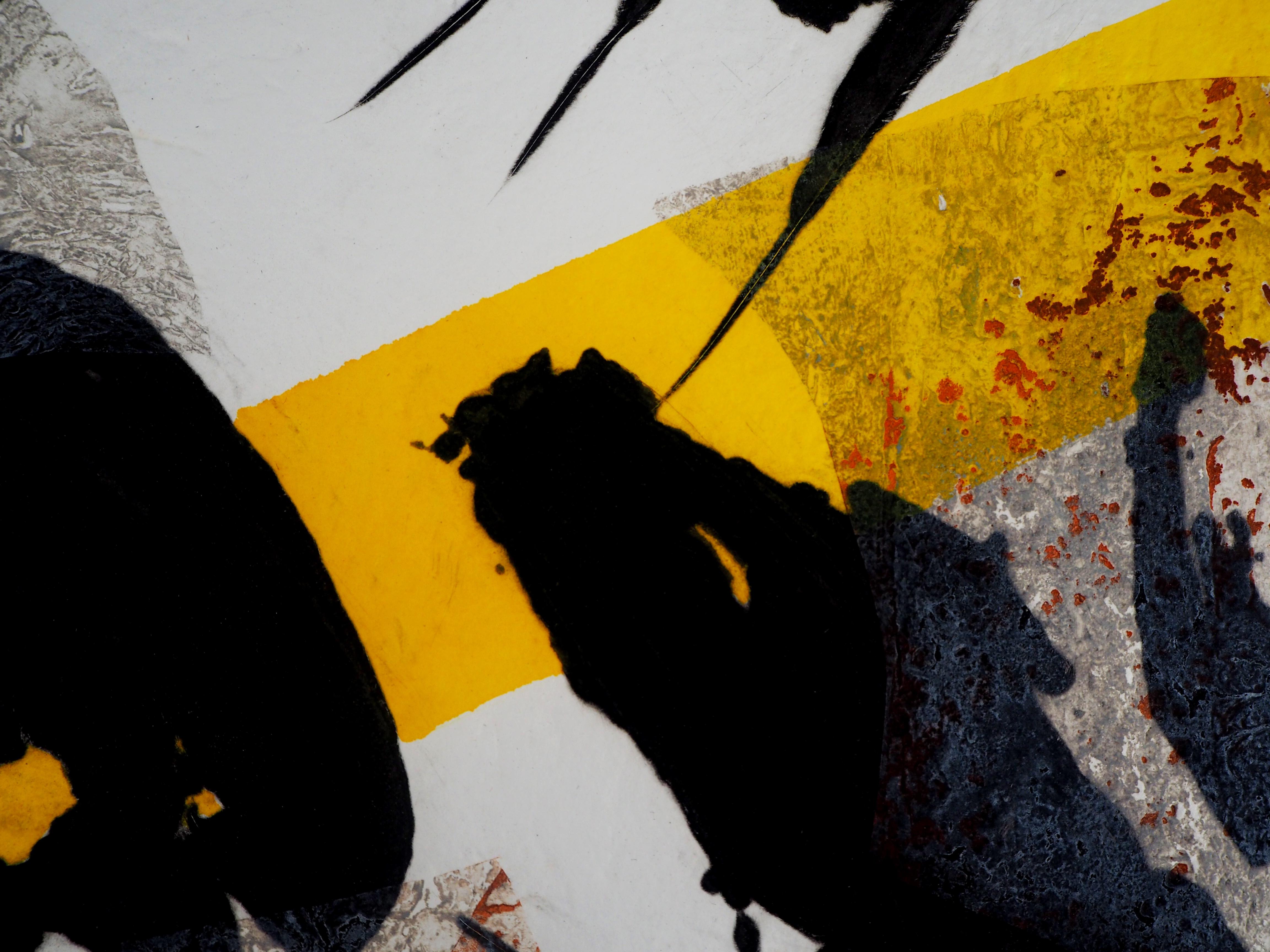 Abstrakte abstrakte Komposition mit gelb und schwarz - Original-Radierung, handsigniert im Angebot 1