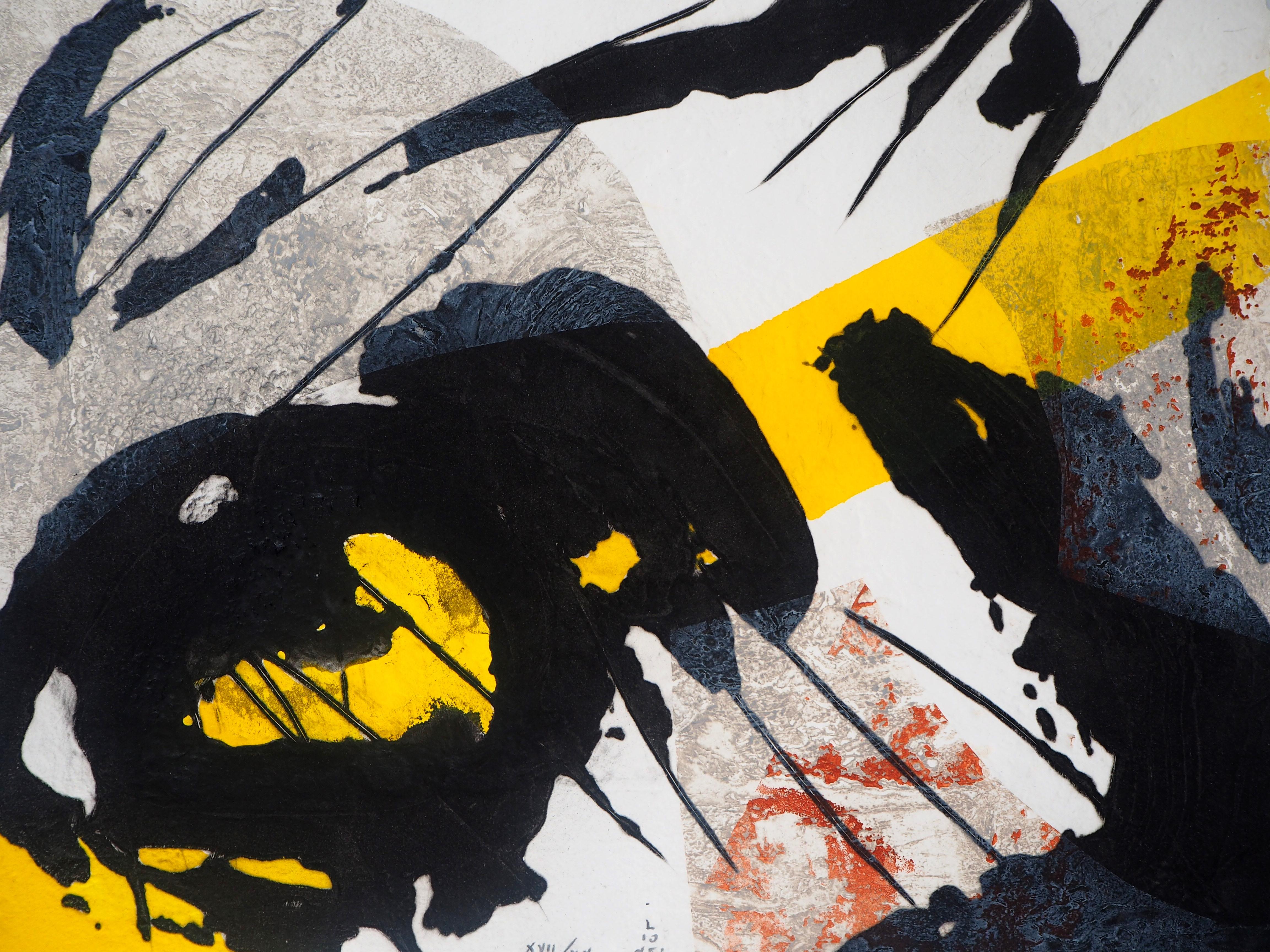 Lionel Abstract Print – Abstrakte abstrakte Komposition mit gelb und schwarz - Original-Radierung, handsigniert