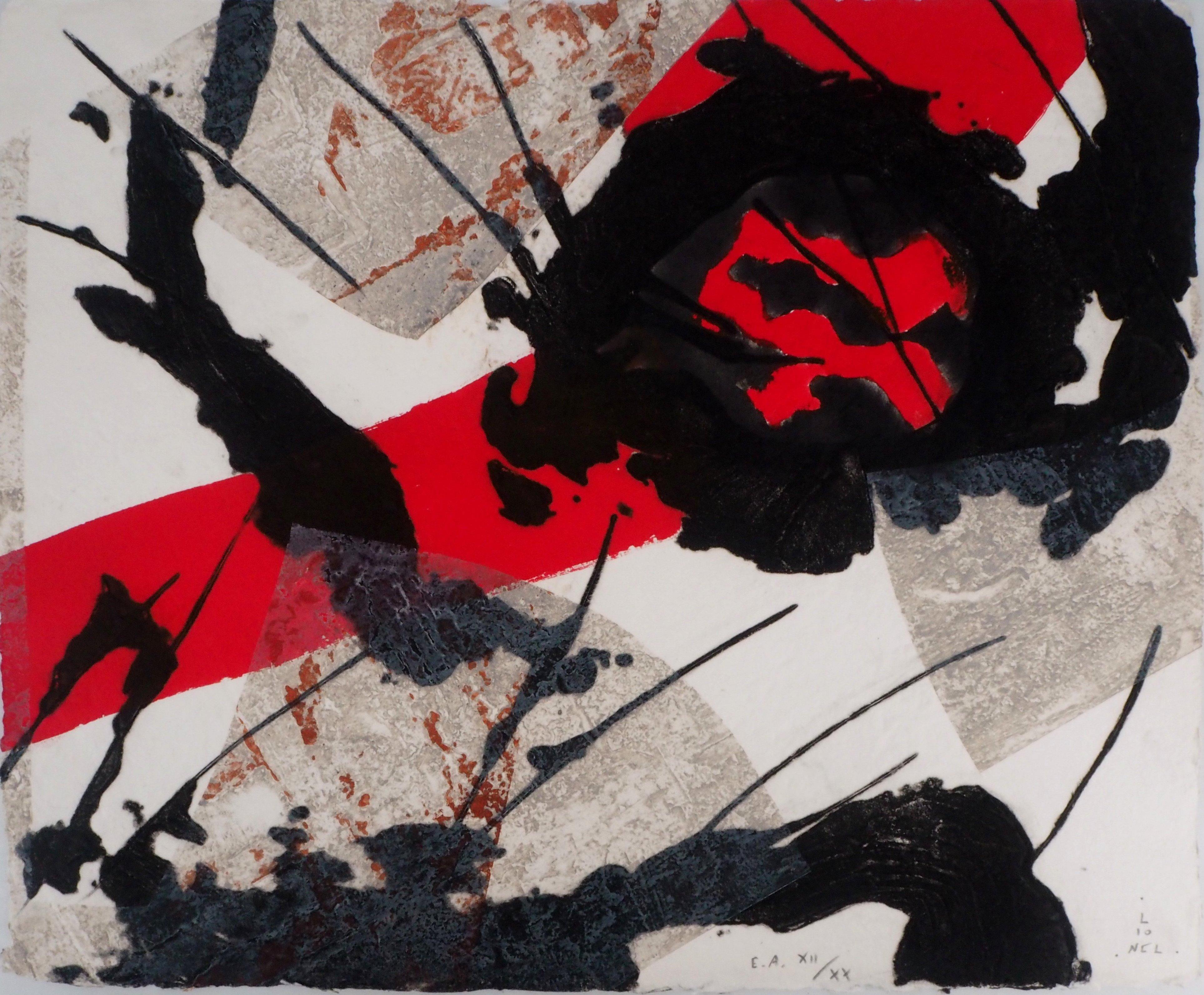 Lionel Abstract Print – Rote Original-Radierung, handsigniert