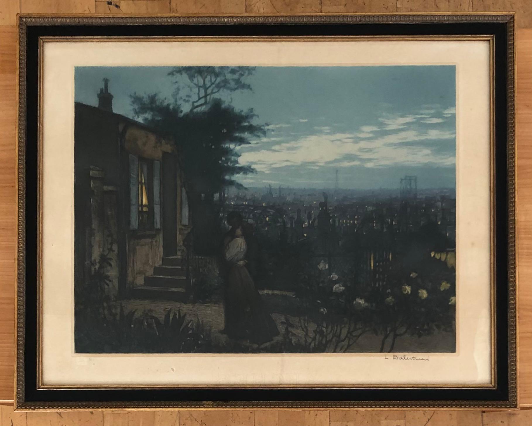 Dos amantes en un jardín sobre París - Print de Lionello Balestrieri