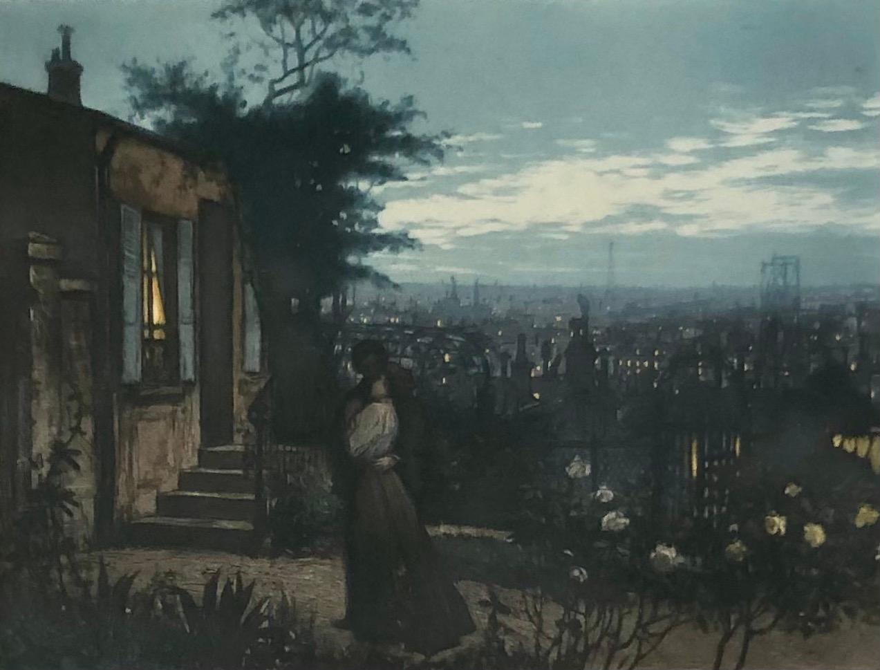 Figurative Print de Lionello Balestrieri - Dos amantes en un jardín sobre París