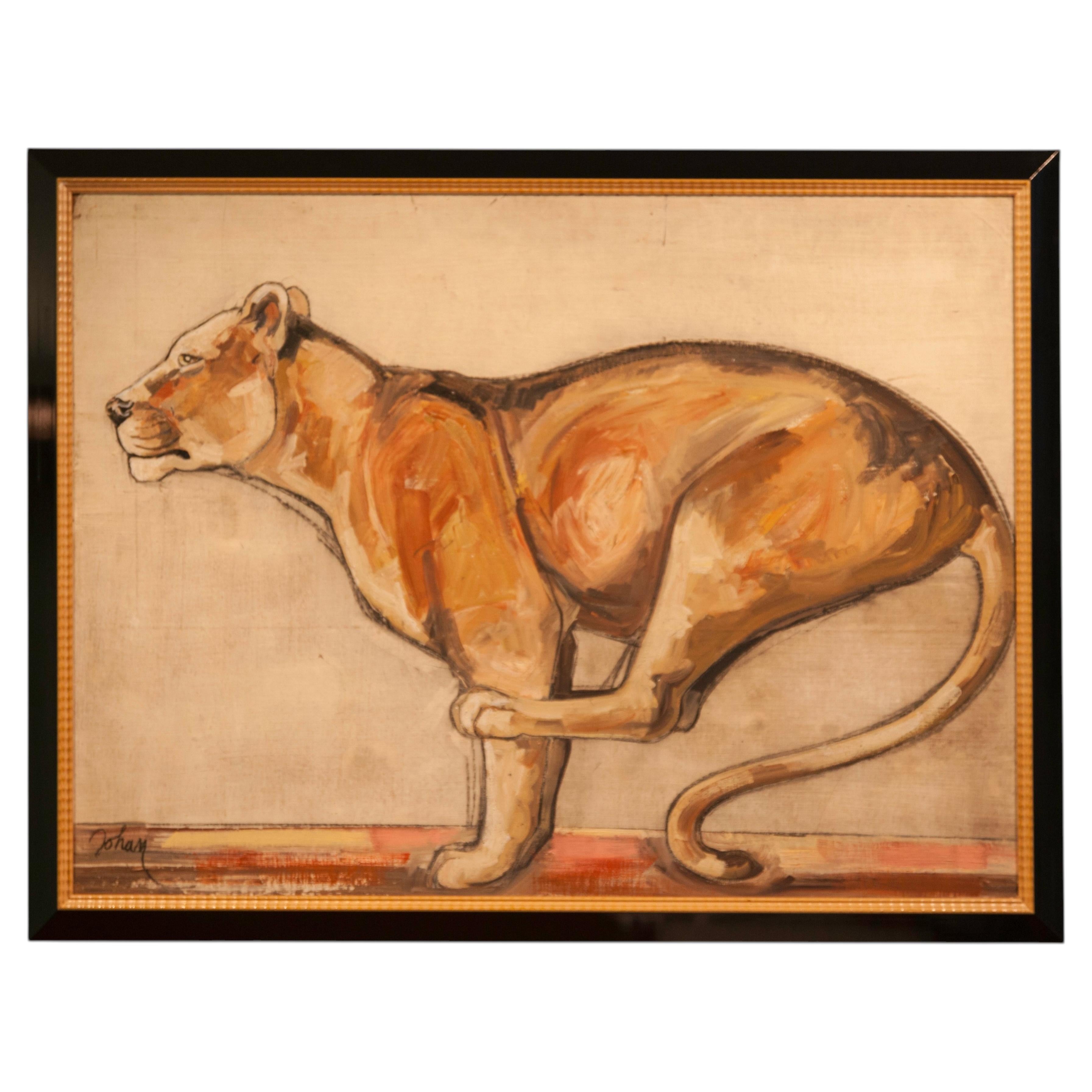 Lioness, Acrylic on Canvas by Etiennette Johan, France, circa 1940