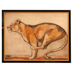Lioness, Acrylic on Canvas by Etiennette Johan, France, circa 1940