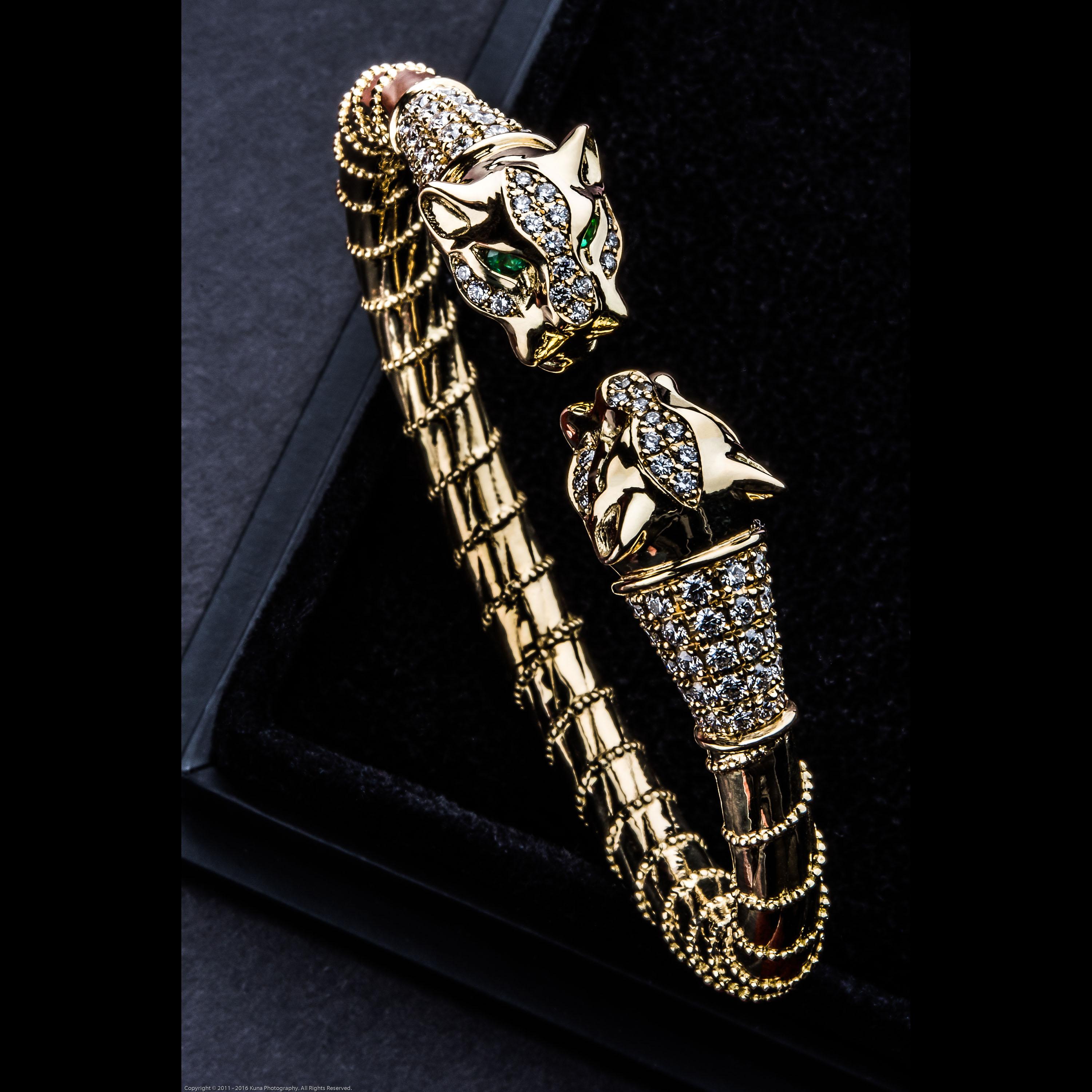Classical Greek 18 Karat Yellow Gold Diamonds Emeralds Spring Cuff Bracelet Lioness Ancient For Sale