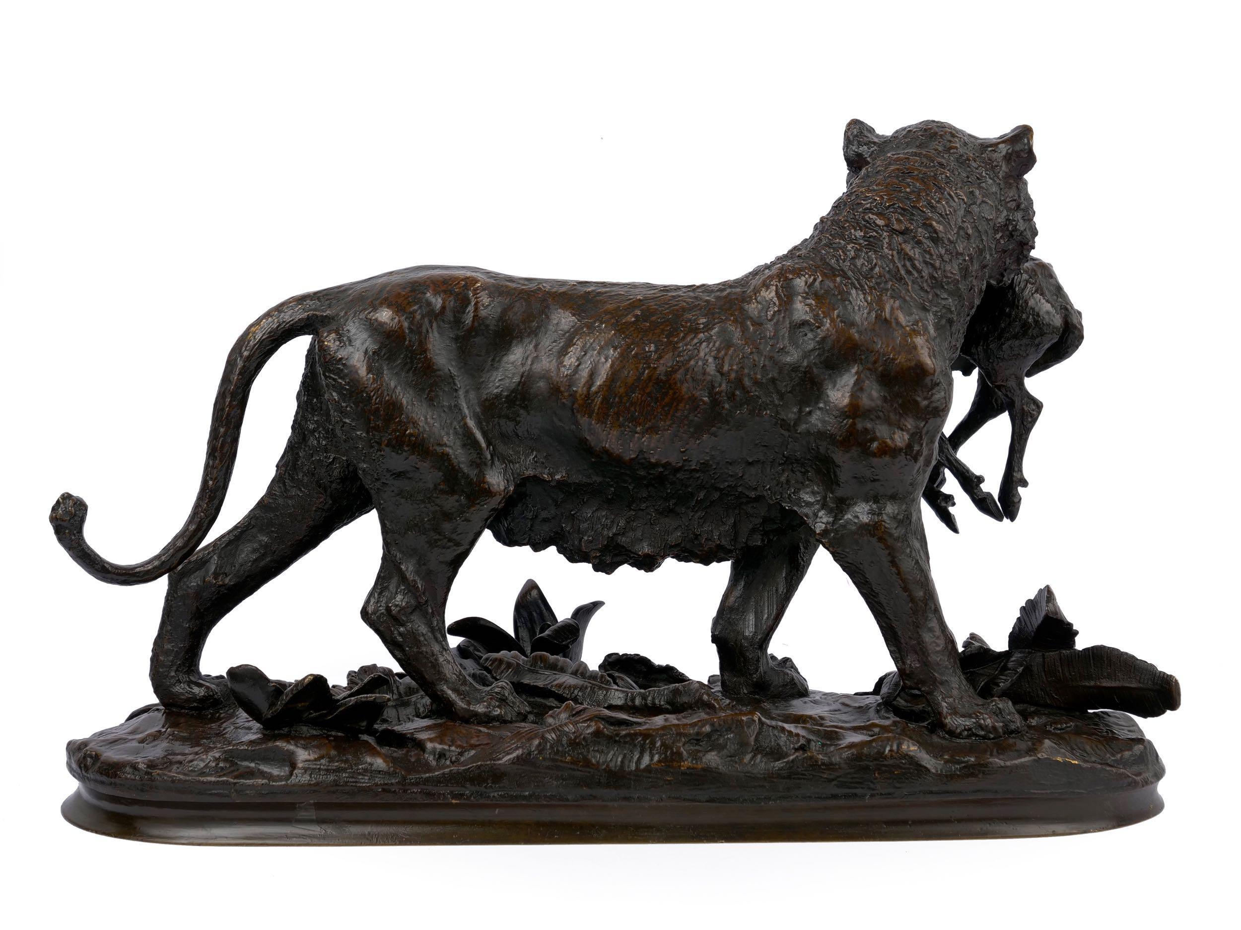 19th Century “Lioness Carrying an Antelope” French Bronze Sculpture by Christophe Fratin