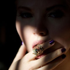 18 Karat Rose Gold Diamonds Emeralds Tsavorites Sapphires Cocktail Ring Lioness