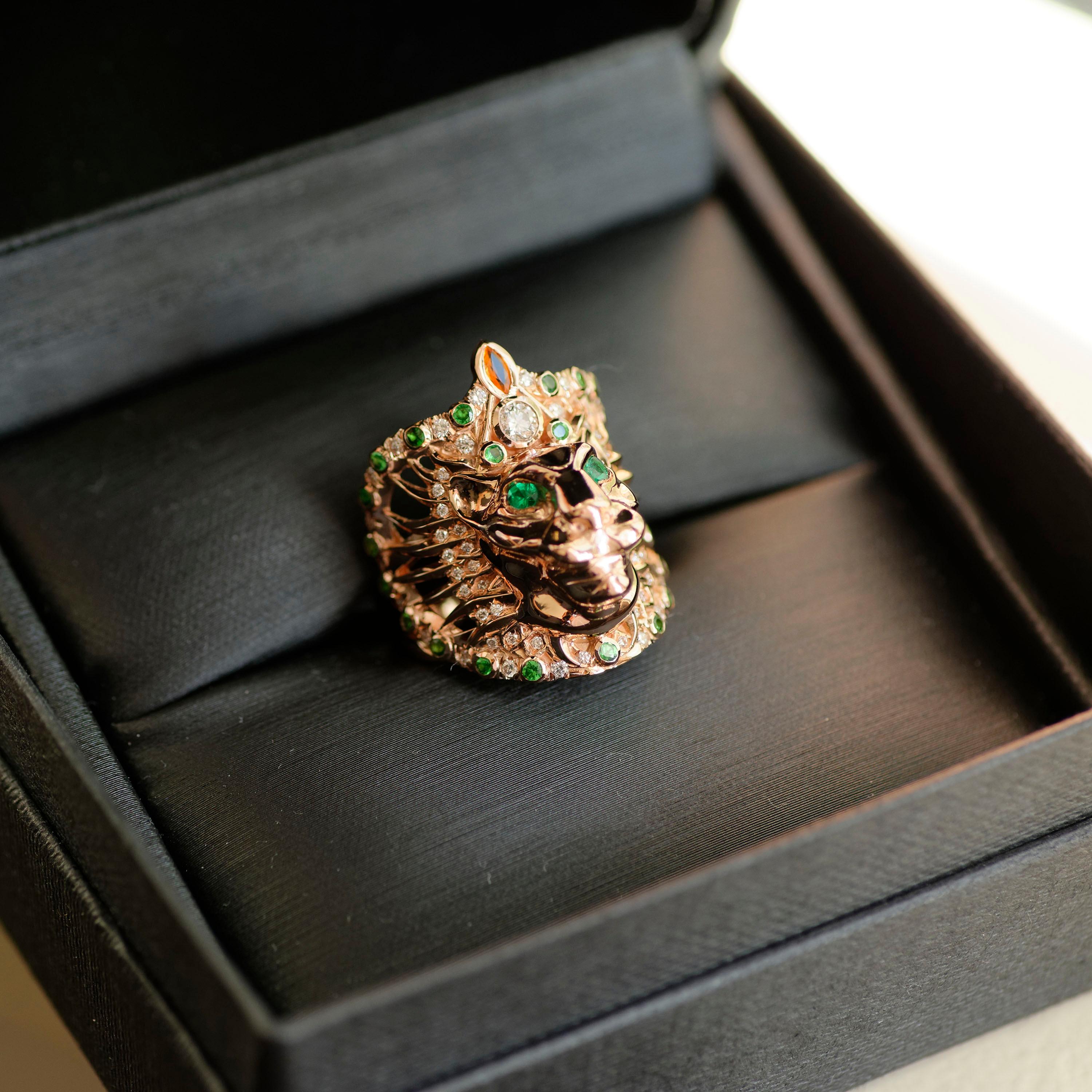 Contemporary 18 Karat Rose Gold Diamonds Emeralds Tsavorites Sapphires Cocktail Ring Lioness For Sale