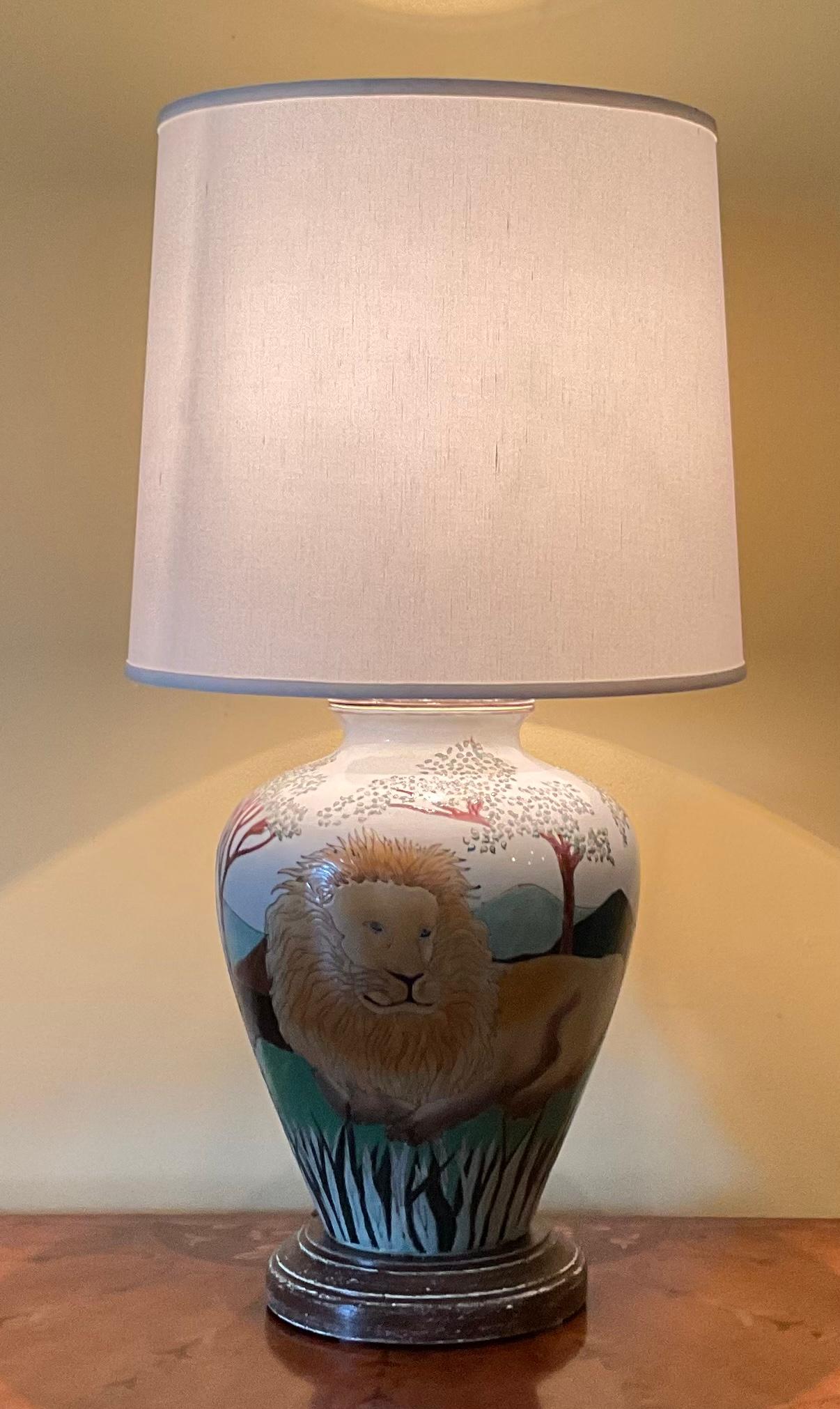 Lions Hand Painted Ceramic Table Lamp For Sale 5
