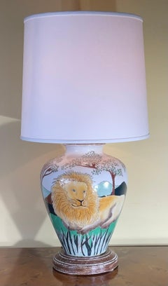 Lions Hand Painted Ceramic Table Lamp