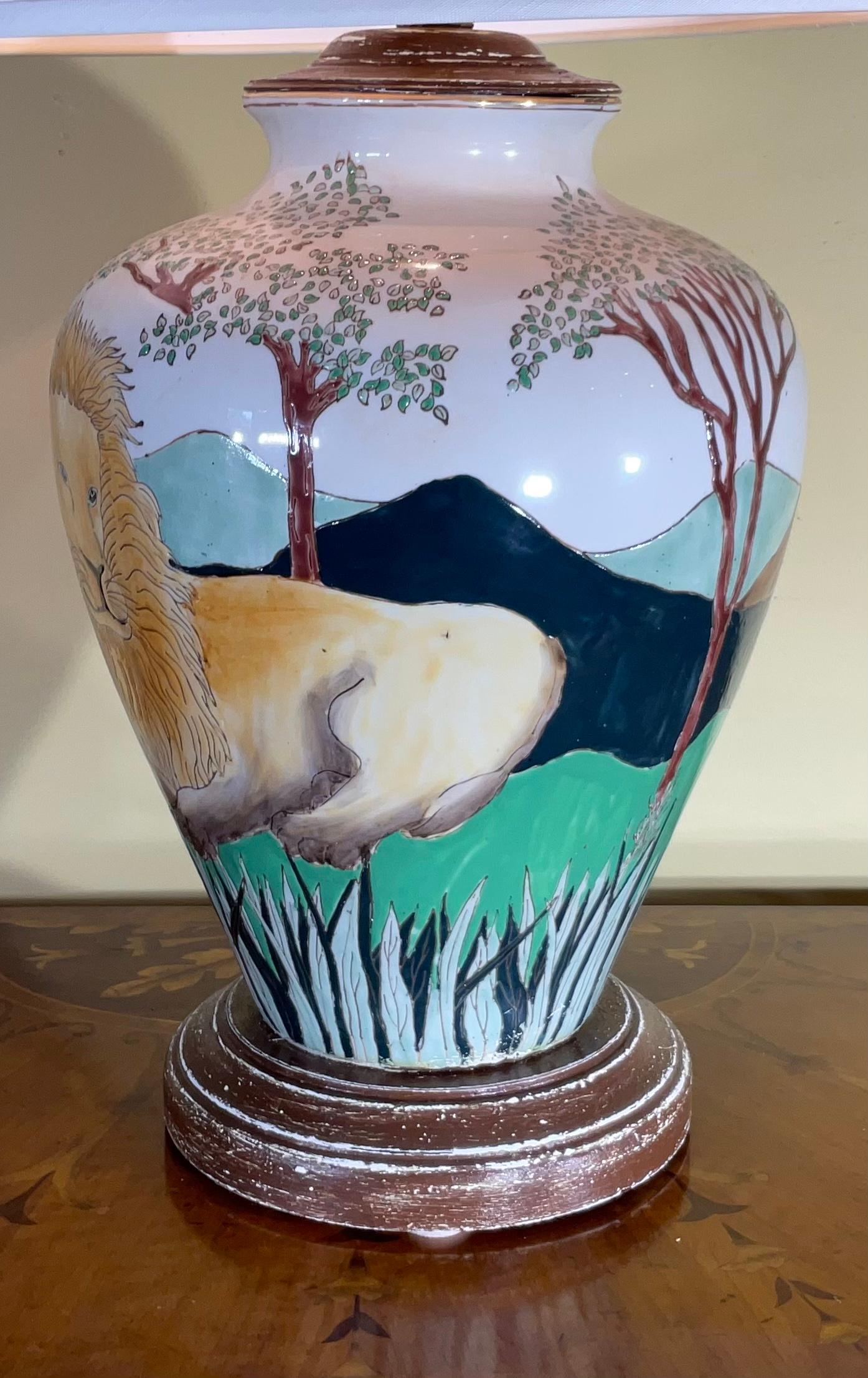 Lions Hand Painted Ceramic Table Lamp For Sale 1