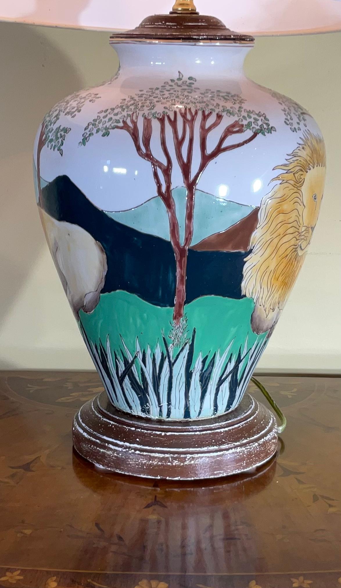 Lions Hand Painted Ceramic Table Lamp For Sale 2
