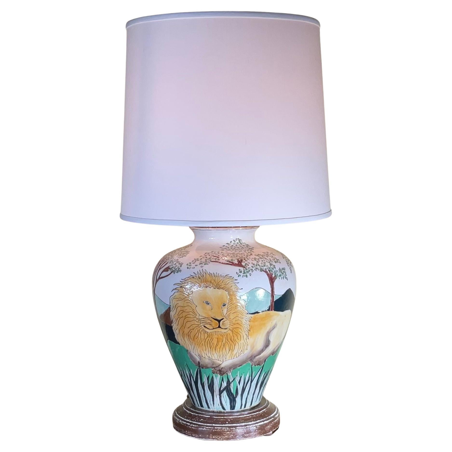 Lions Hand Painted Ceramic Table Lamp