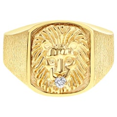Lions Head Diamond 14k Yellow Gold Ring