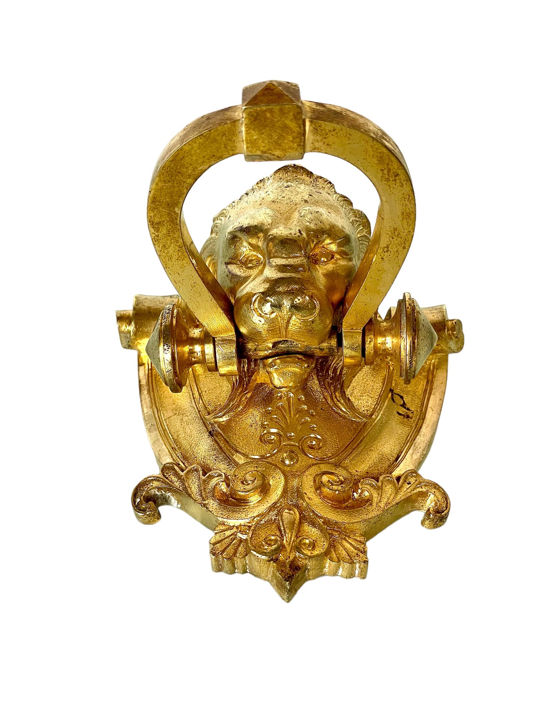 French 19th Century Lion's Head Door Knocker in Gilt Bronze For Sale