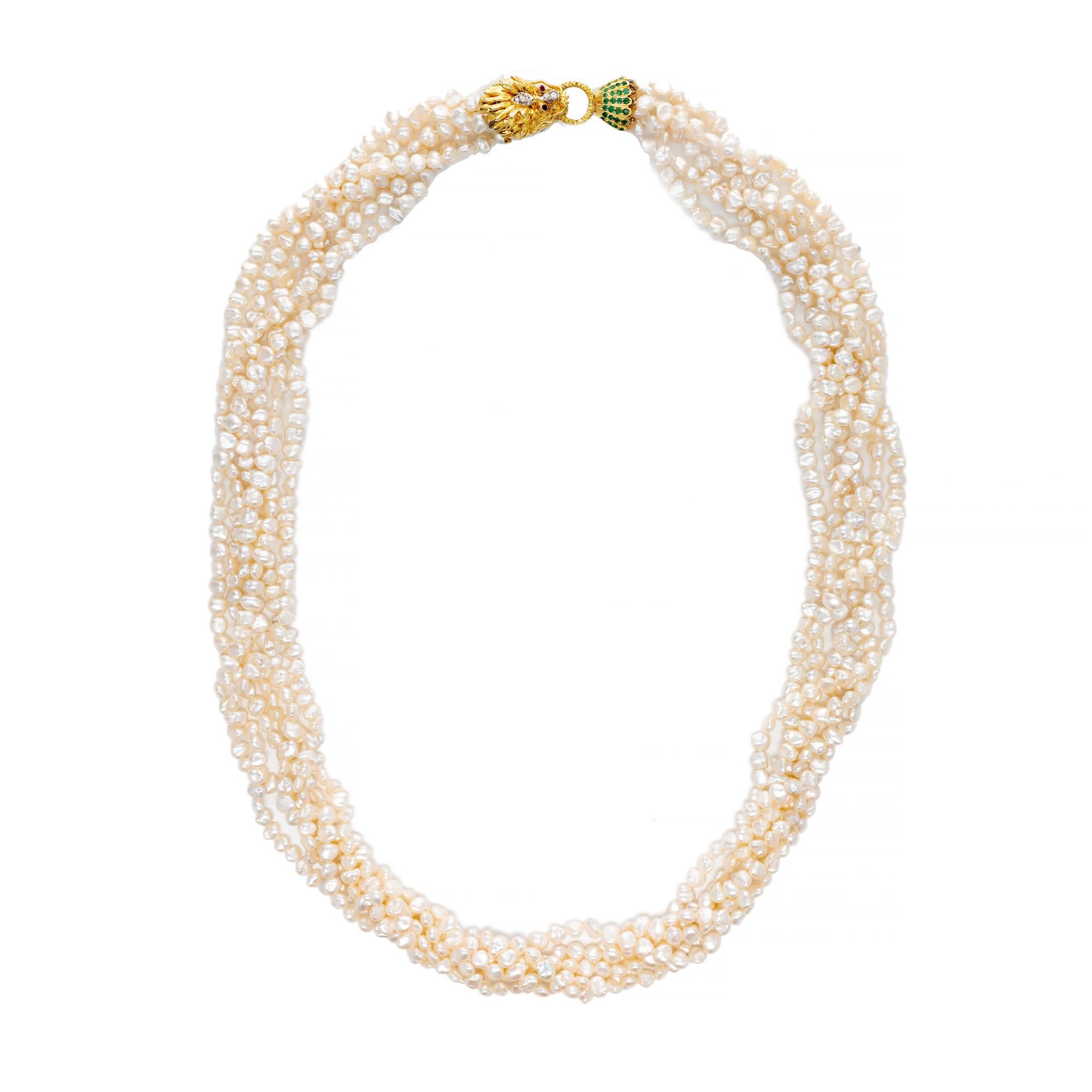 Women's Lions Head Multi Strand Pearl Emerald Ruby Diamond Gold Necklace For Sale