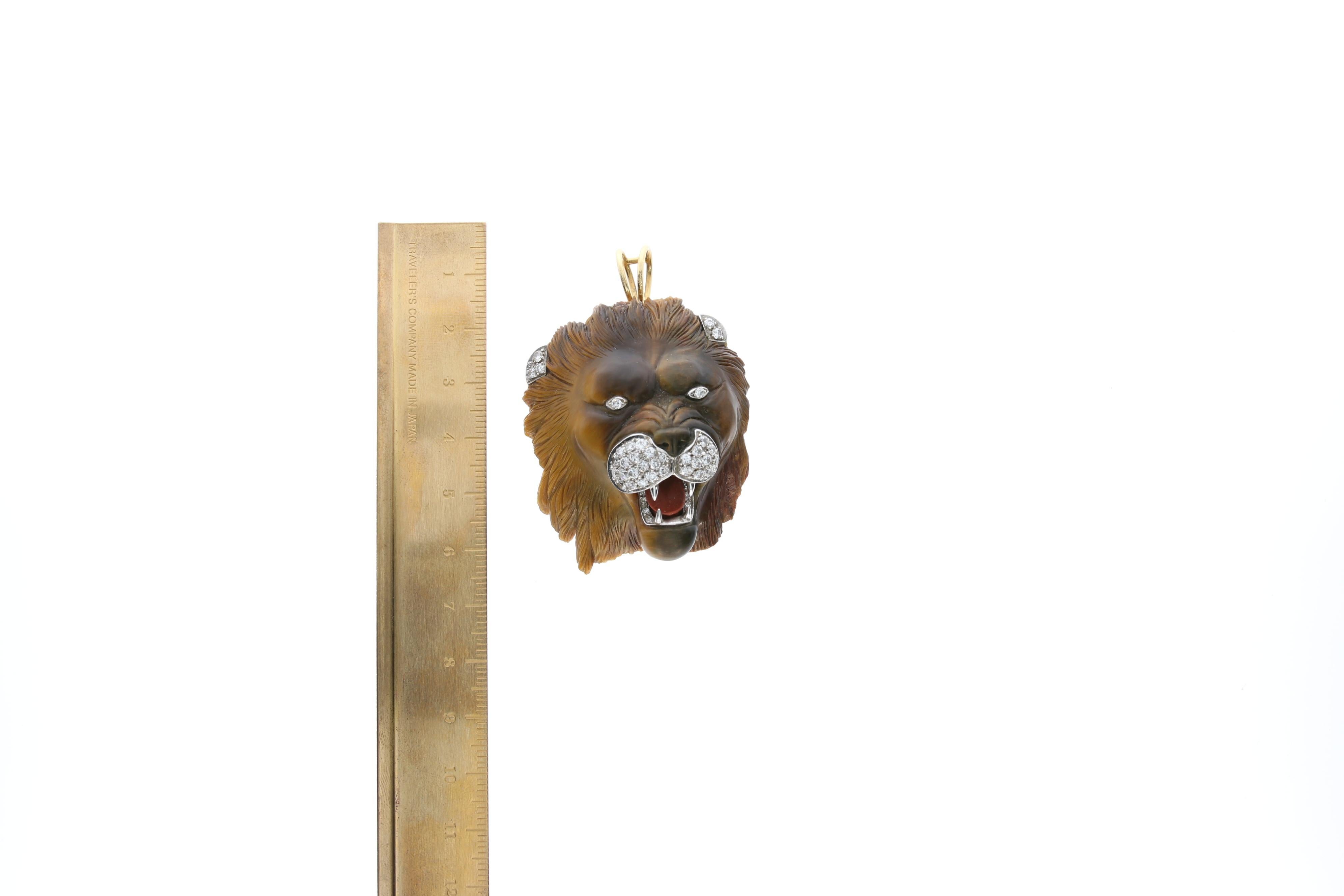 Women's or Men's Lions Head Pendant/Brooch carved in Tiger Eye Stone For Sale
