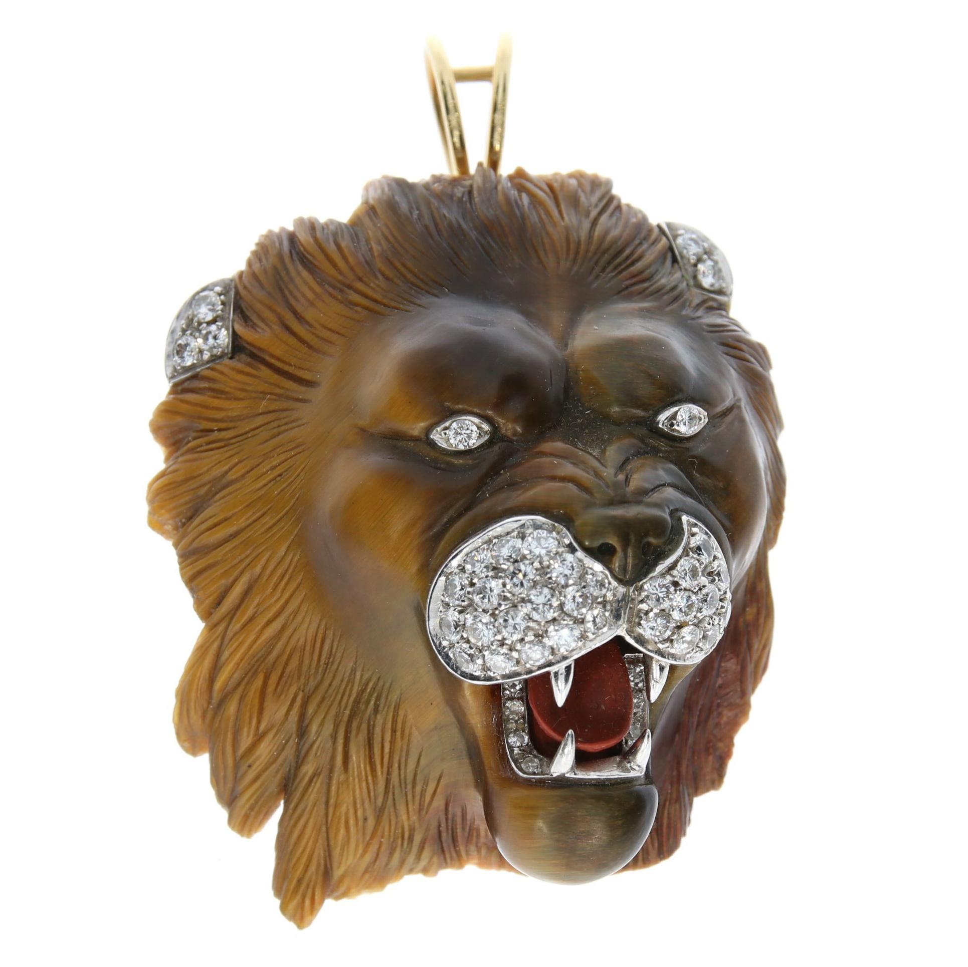 Lions Head Pendant/Brooch carved in Tiger Eye Stone For Sale