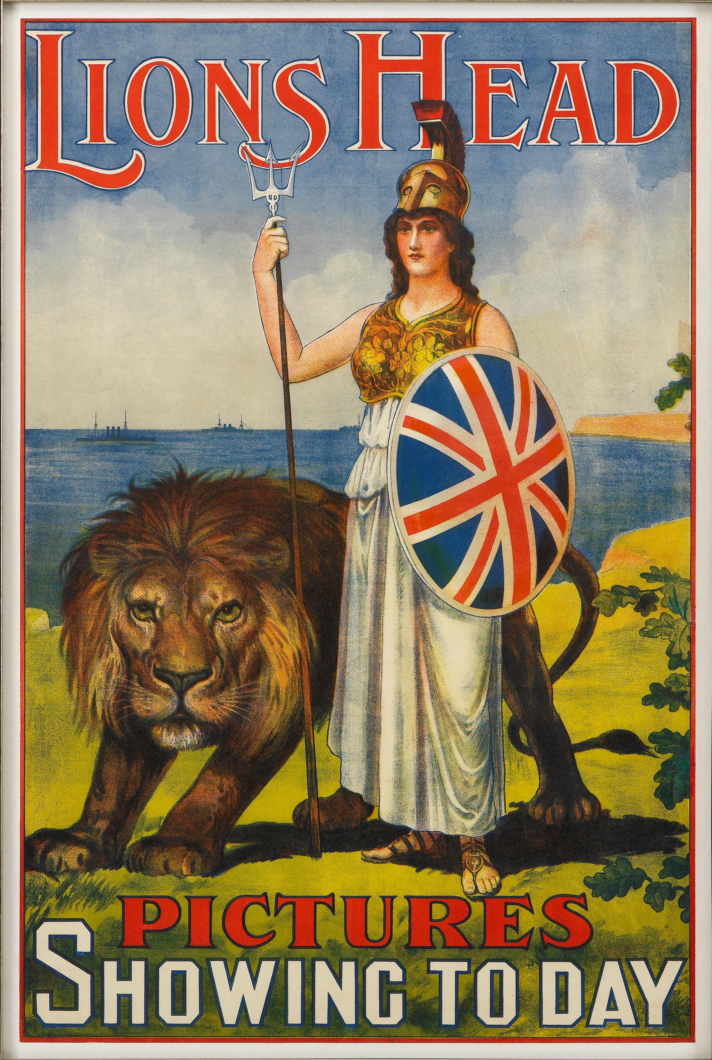 This is a beautiful, original advertisement poster for Lions Head Pictures. The poster dates to circa 1911. The poster was designed by an unknown artist.

The poster depicts Britannia, a female depiction of the British Isles. Here she is illustrated