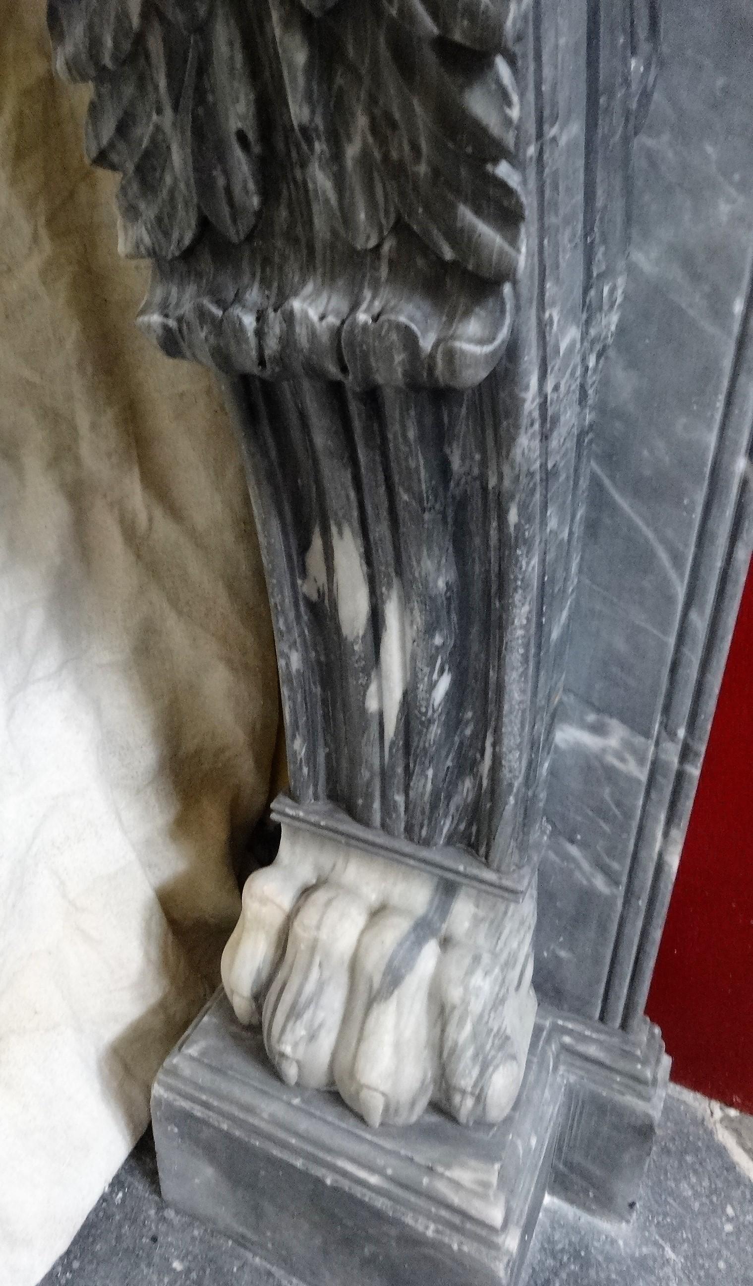 A very, very nice lion's paws antique fireplace, this time not in Carrara or a black marble, but made of the highly-valued Bleu Turquin.
Made in the 19th century. The jambs are adorned with nicely carved, large leaves.  This fireplace, imposing and