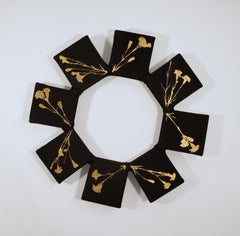 "Laurel I", contemporary, wreath, flowers, black, gold leaf, acrylic painting