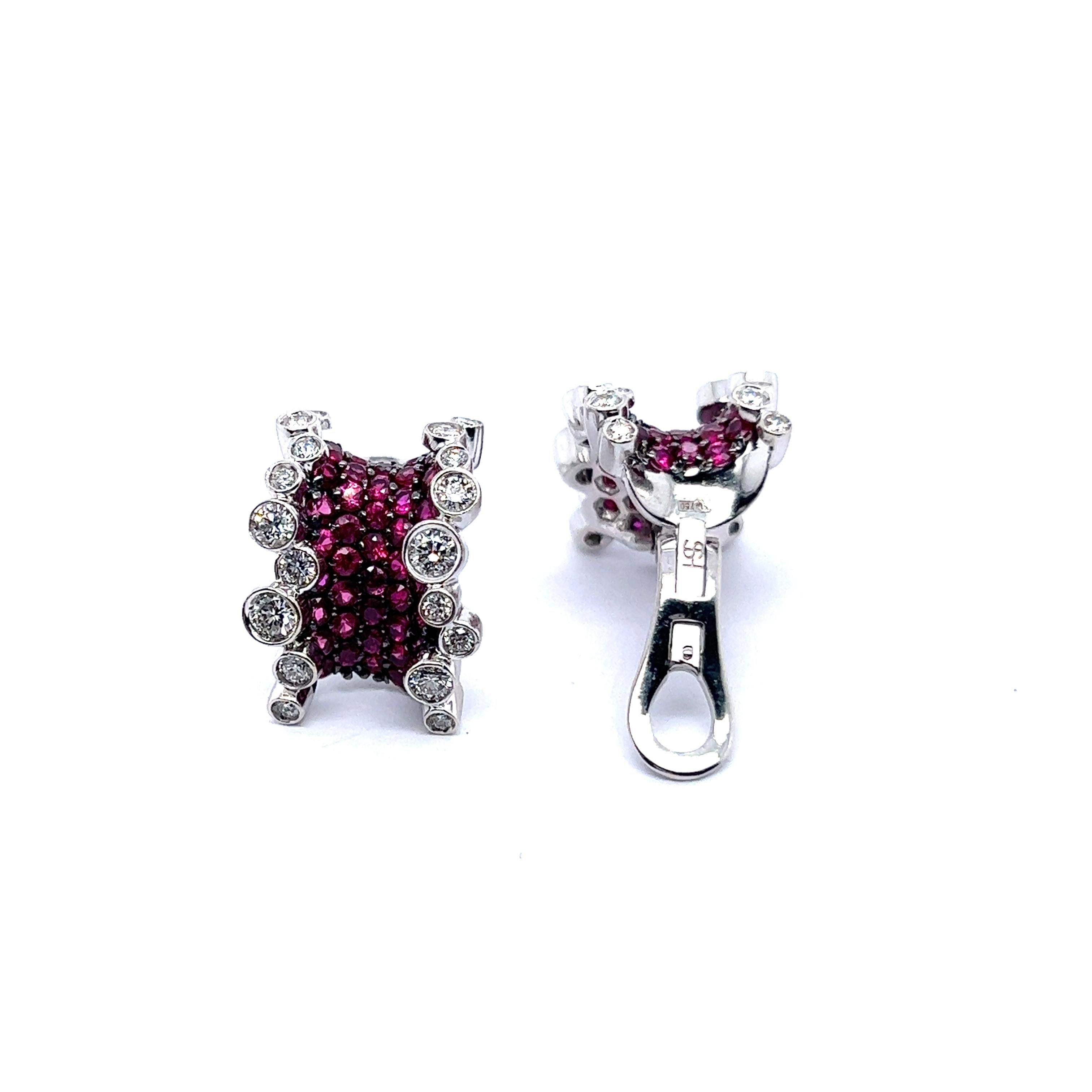 Сlip-on Earrings with Rubies & Diamonds in 18 Karat White Gold For Sale 4