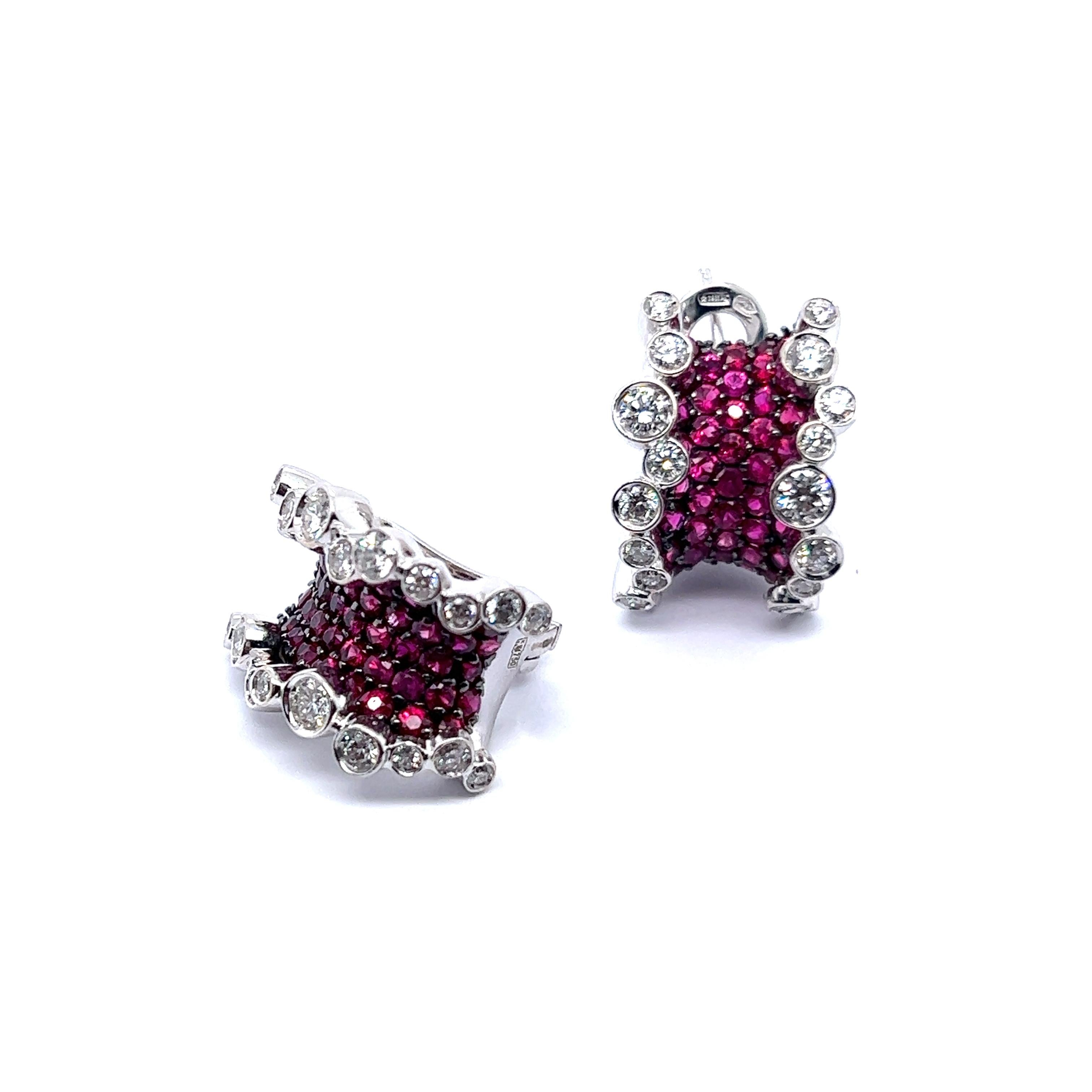 Сlip-on Earrings with Rubies & Diamonds in 18 Karat White Gold For Sale 6