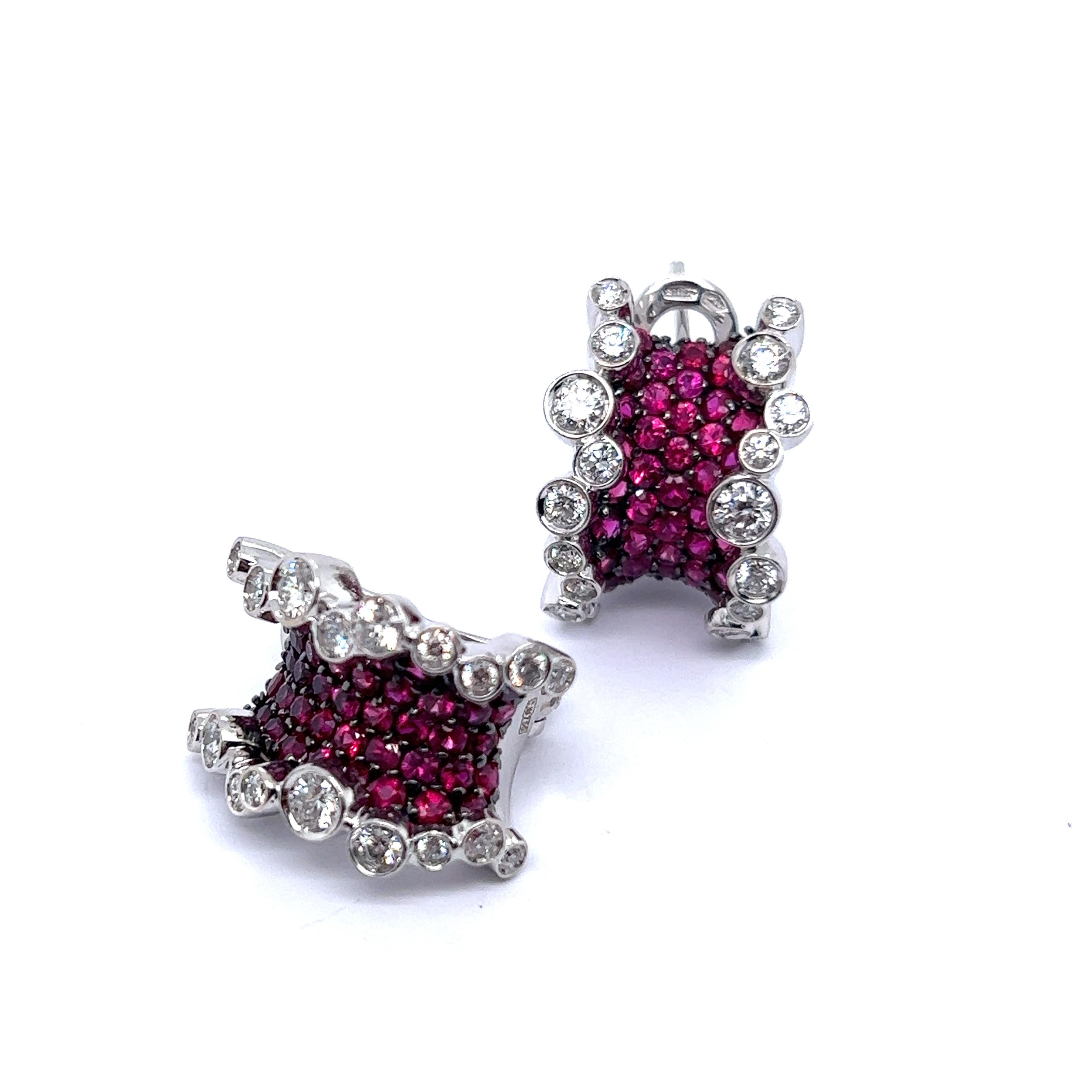 Сlip-on Earrings with Rubies & Diamonds in 18 Karat White Gold For Sale 8