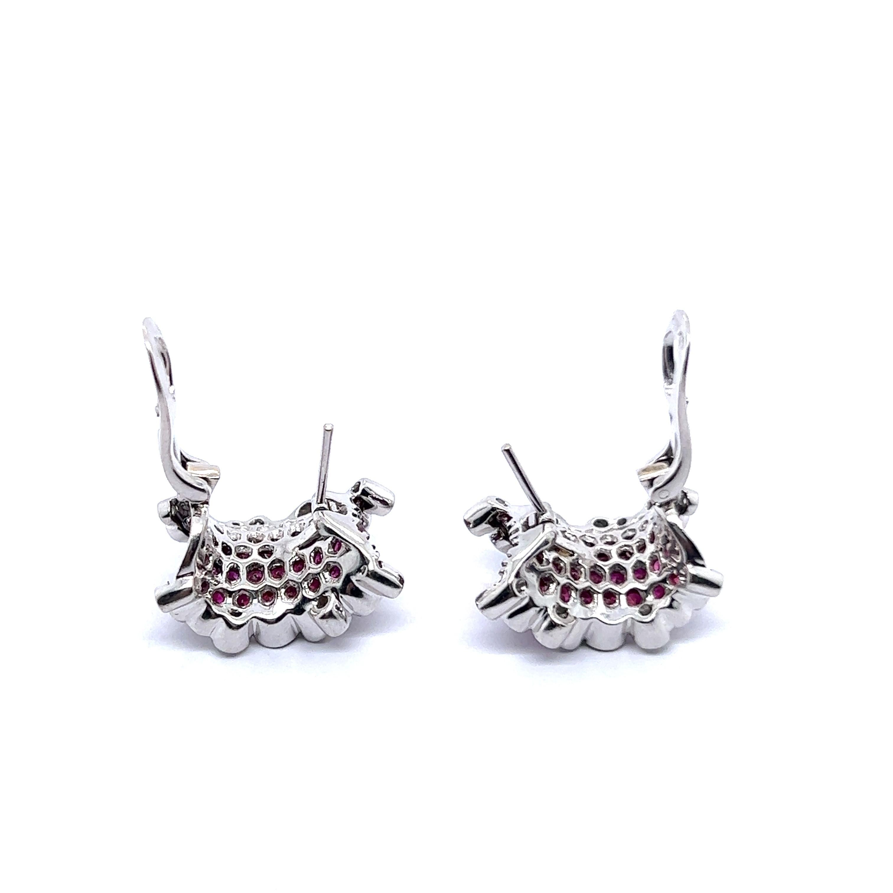 Women's or Men's Сlip-on Earrings with Rubies & Diamonds in 18 Karat White Gold For Sale