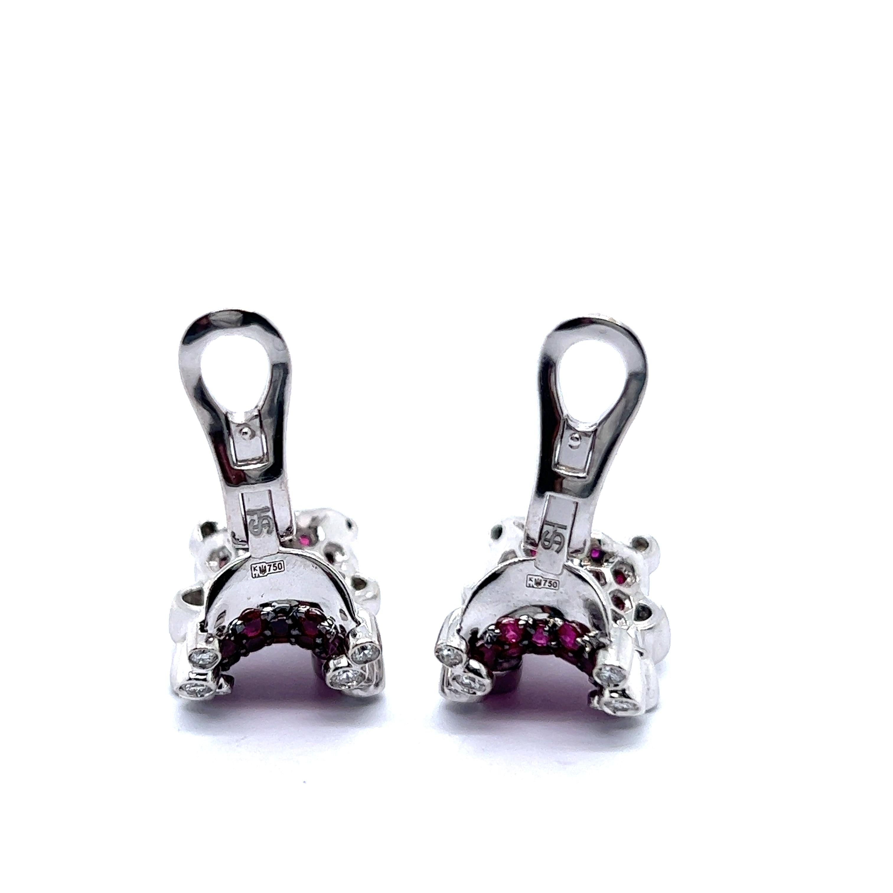 Сlip-on Earrings with Rubies & Diamonds in 18 Karat White Gold For Sale 1
