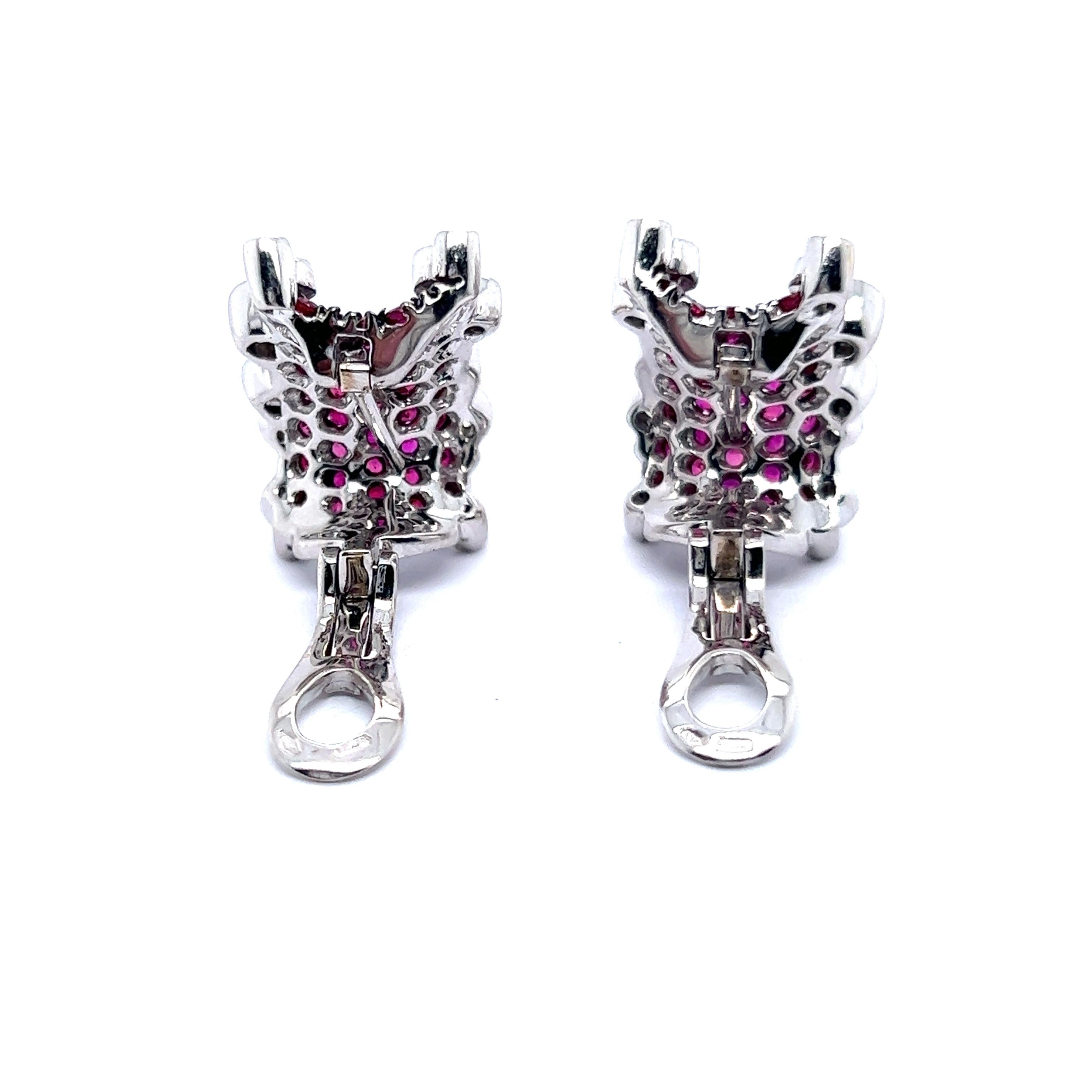 Сlip-on Earrings with Rubies & Diamonds in 18 Karat White Gold For Sale 2