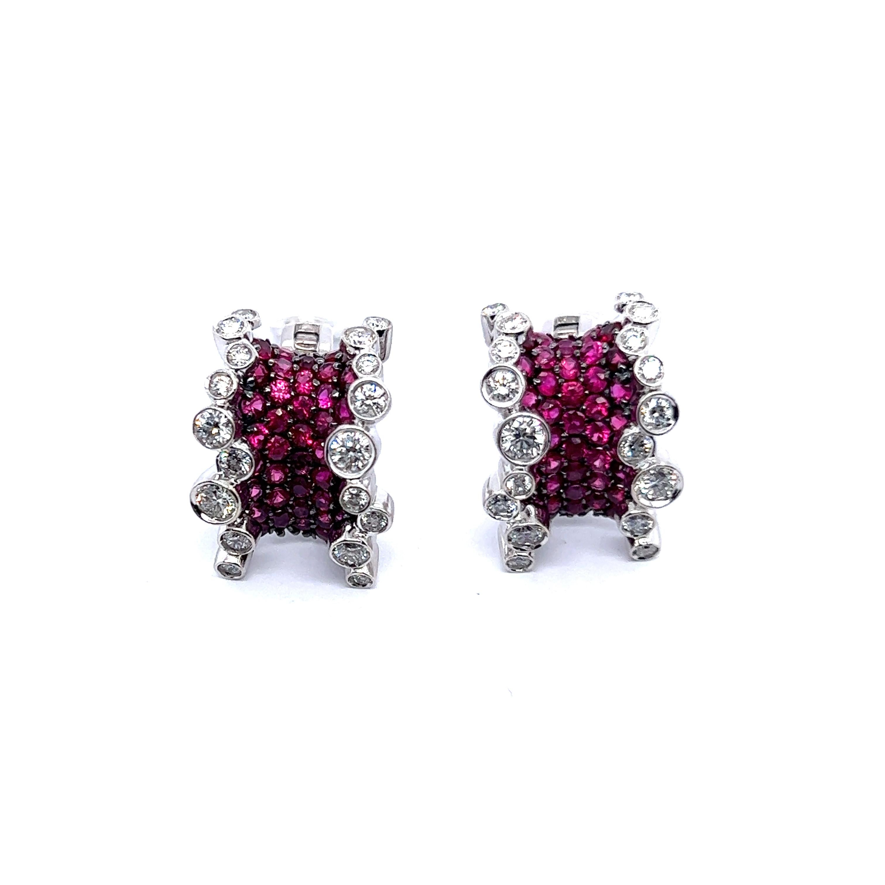 Сlip-on Earrings with Rubies & Diamonds in 18 Karat White Gold For Sale 3