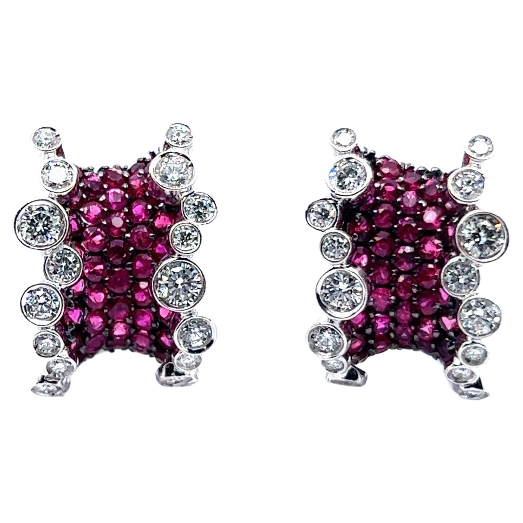 Сlip-on Earrings with Rubies & Diamonds in 18 Karat White Gold For Sale