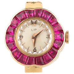 LIP Ruby Bezel Hand-Winding 18 Karat Yellow Gold Women's Watch with Gold Band